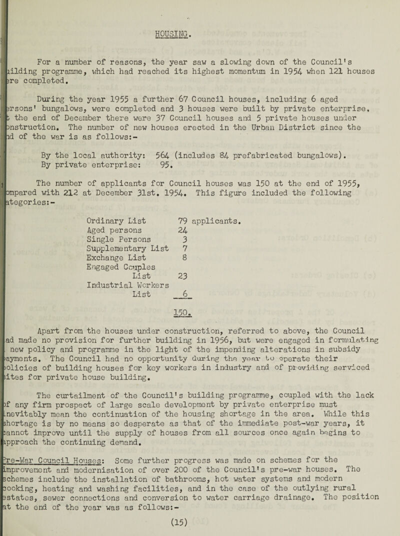 HOUSING. IFor a number of reasons, the year saw a slowing down of the Council's hilding programme, which had reached its highest momentum in 1954 when 121 houses pre completed. During the year 1955 a further 67 Council houses, including 6 aged prsons' bungalows, were completed and 3 houses were built by private enterprise, p the end of December there were 37 Council houses and 5 private houses under bnstruction. The number of new houses erected in the Urban District since the I lid of the war is as followss- By the local authority; 564 (includes 84 prefabricated bungalows). By private enterprise; 95. ■ The number of applicants for Council houses was 150 at the end of 1955, pmpared with 212 at December 31st. 1954. This figure included the following htegories:- Ordinary List Aged persons Single Persons Supplementary List Exchange List Engaged Couples List Industrial Workers List 79 applicants. 24 3 7 8 23 6 150. Apart from the houses under construction, referred to above, the Council [ad made no provision for further building in 1956, but were engaged in formulating l new policy and programme in the light of the impending alterations in subsidy payments. The Council had no opportunity during the year to operate their policies of building houses for key workers in industry and of providing serviced bites for private house building. The curtailment of the Council’s building programme, coupled with the lack If any firm prospect of large scale development by private enterprise must (inevitably mean the continuation of the housing shortage in the area. While this Ihortage is by no means so desperate as that of the immediate post-war years, it hannot improve until the supply of houses from all sources once again begins to [approach the continuing demand. Pre-War Council Houses; Some further progress was made on schemes for the limprovement and modernisation of over 200 of the Council's pre-war houses. The schemes include the installation of bathrooms, hot water systems and modern cooking, heating and washing facilities, and in the case of the outlying rural Ustates, sewer connections and conversion to water carriage drainage. The position at the end of the year was as follows;-