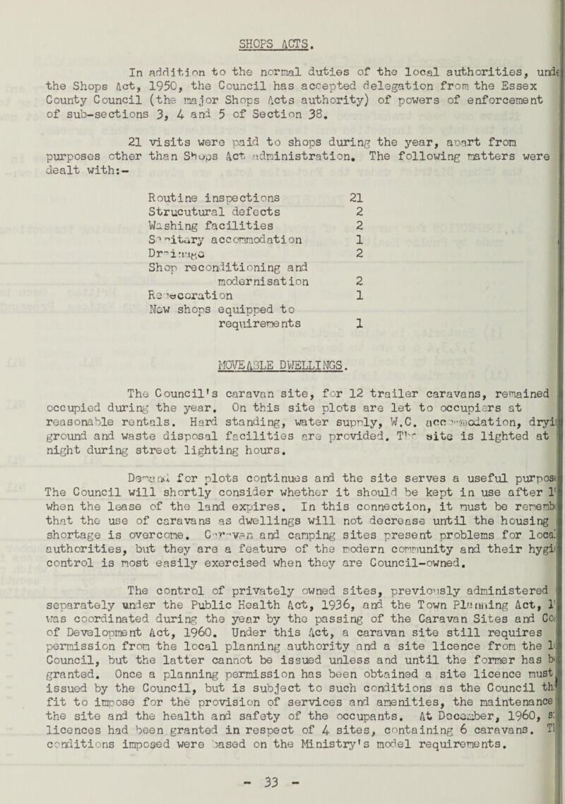 SHOPS ACTS. In addition to the normal duties of the local authorities, unde the Shops Act, 1950, the Council has accepted delegation from the Essex County Council (the major Shops /lets authority) of powers of enforcement of sub-sections 3, 4 and 5 of Section 38. 21 visits were paid to shops during the year, a Dart from purposes other than Stops Act administration. The following matters were dealt with:- Routine inspections Strucutural defects Washing facilities S^^itary accommodation Shop reconditioning and modernisation Re ’’ocoration Now shops equipped to requirements MOVE A3LE DWELLINGS. The Council's caravan site, for 12 trailer caravans, remained occupied during the year. On this site plots are let to occupiers at reasonable rentals. Hard standing, water supoly, W.C. accommodation, dryii ground and waste disposal facilities are provided. The site is lighted at night during street lighting hours. Demand for plots continues and the site serves a useful purposf The Council will shortly consider whether it should be kept in use after V when the lease of the land expires. In this connection, it must be renembil that the use of caravans as dwellings will not decrease until the housing shortage is overcome. C-r-van and camping sites present problems for loca! authorities, but they are a feature of the modern community and their hygi control is most easily exercised when they are Council-owned. The control of privately owned sites, previously administered separately under the Public Health Act, 1936, and the Town Planning Act, ! was coordinated during the year by the passing of the Caravan Sites and Coi of Development Act, I960. Under this Act, a caravan site still requires permission from the local planning authority and a site licence from the lJ Council, but the latter cannot be issued unless and until the former has b<| granted. Once a planning permission has been obtained a site licence must n issued by the Council, but is subject to such conditions as the Council th: fit to impose for the provision of services and amenities, the maintenance ( the site and the health and safety of the occupants. At December, I960, s:J licences had been granted in respect of 4 sites, containing 6 caravans. Til conditions imposed were based on the Ministry's model requirements.