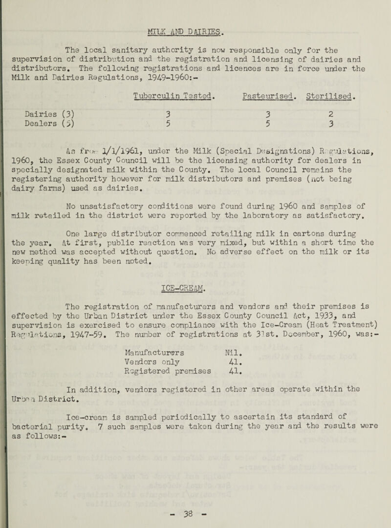MILK AMD DAIRIES. The local sanitary authority is now responsible only for the supervision of distribution and the registration and licensing of dairies and distributors. The following registrations and licences are in force under the Milk and Dairies Regulations, 1949-1960:- Tuberculin Tested. Pasteurised. Sterilised. Dairies (3) 3 32 Dealers (5) 5 53 4 a fro, l/l/l96l, under the Milk (Special Designations) R guiations, I960, the Essex County Council will be the licensing authority for dealers in specially designated milk within the County. The local Council remains the registering authority however for milk distributors and premises (not being dairy farms) used as dairies. No unsatisfactory conditions were found during I960 and samples of milk retailed in the district were reported by the laboratory as satisfactory. One large distributor commenced retailing milk in cartons during the year. At first, public reaction was very mixed, but within a short time the new method was accepted without question. No adverse effect on the milk or its keeping quality has been noted. ICE-CREAM. The registration of manufacturers and vendors and their premises is effected by the Urban District under the Essex County Council Act, 1933, and supervision is exercised to ensure compliance with the Ice-Cream (Heat Treatment) Regulations, 1947-59. The number of registrations at 31st. December, I960, was:- Manufacturers Nil. Vendors only 41. Registered premises 41. In addition, vendors registered in other areas operate within the Ur 00 a District. Ice-cream is sampled periodically to ascertain its standard of bacterial purity. 7 such samples were taken during the year and the results were as follows:-