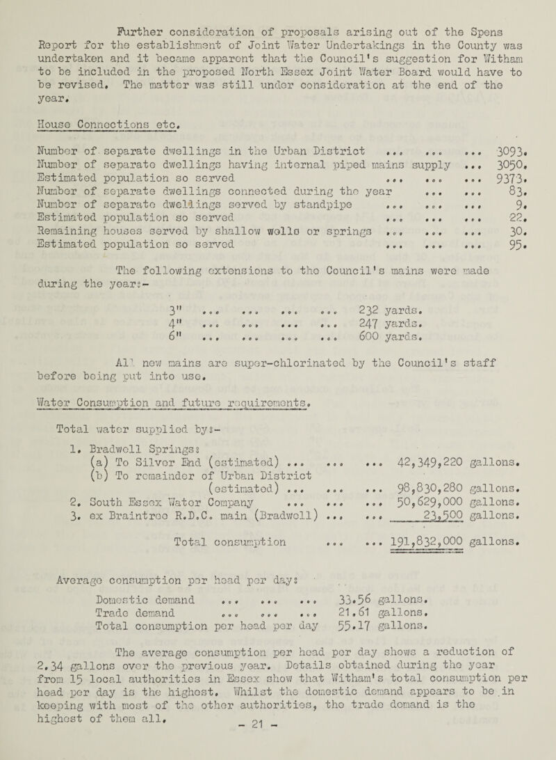 Further consideration of proposals arising out of the Spens Report for the establishment of Joint Water Undertakings in the County was undertaken and it became apparent that the Council’s suggestion for Witham to be included in the proposed Worth Essex Joint Water Board would have to be revised* The matter was still under consideration at the end of the year. House Connections etc. Number of separate dwellings in the Urban District ... ... ... Number of separate dwellings having internal piped mains supply ... Estimated population so served ... . ... Number of separate dwellings connected during the year ... ... Number of separate dwellings served by standpipe ... ... ... Estimated population so served ... ... ... Remaining houses served by shallow wells or springs ... ... ... Estimated population so served ... ... ... 3093. 3050. 9373. 83. 9. •22. 30. 95. The following extensions to the Council’s mains were made during the years- 6” 000 009 0 0 9 0 0 c 0 0 0 0 0 O 00c COO 0 0 0 232 yards, 247 yards. 600 yards. All new mains are super-chlorinated by the Council’s staff before being put into use. Water Consumption and future requirements. Total water supplied bys- 1. Bradwoll Springss (a) To Silver End (estimated) . (b) To remainder of Urban District (estimated) ... ... 2. South Essex Water Company ... ... 3. ex Braintree R.D.C. main (Bradwoll) ... ... 42,349?220 gallons. ... 98^830,280 gallons. ... 50,629,000 gallons. ,». 23,500 gallons. Total consumption ... 191,832,000 gallons. Average consumption per head per days Domestic demand ... ... ... 33*56 gallons. Trade demand ... ... ... 21,61 gallons. Total consumption per head per day 55*17 gallons. The average consumption per head per day shows a reduction of 2,34 gallons over the previous year. Details obtained during the year from 15 local authorities in Essex show that Witham’s total consumption per head per day is the highest. Whilst the domestic demand appears to be.in keeping with most of the other authorities, the trade demand is the highest of them all.