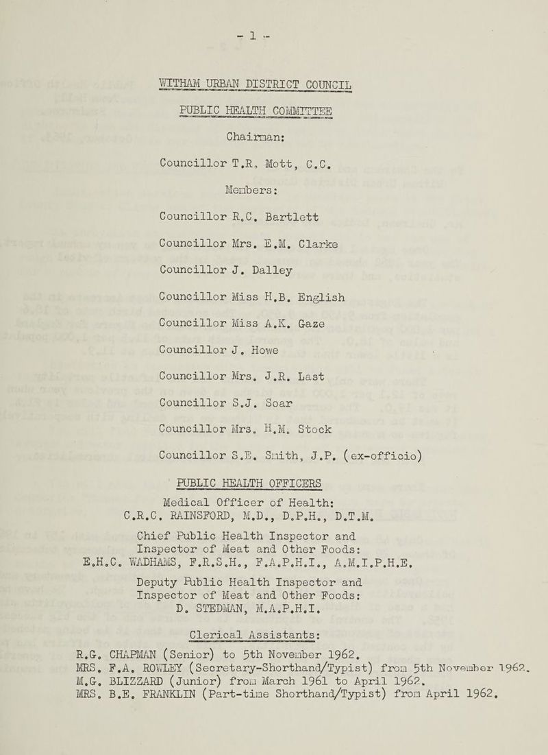 WITHAM URBAN DISTRICT COUNCIL PUBLIC HEALTH COMMITTEE Chairman: Councillor T.R, Mott, C.C. Members: Councillor R.C. Bartlett Councillor Mrs. E.M. Clarke Councillor J. Dailey Councillor Miss H.B. English Councillor Miss A.K. Gaze Councillor J, Howe Councillor Mrs. J.R. Last Councillor S.J. Soar Councillor Mrs. H.M. Stock Councillor S.E. Smith, J.P. (ex-officio) PUBLIC HEALTH OFFICERS Medical Officer of Health: C.R.C. RAINSFORD, M.D., D.P.H., D.T.M. Chief Public Health Inspector and Inspector of Meat and Other Foods: E.H.C. WADHAMS, F.R.S.H, , F.A.P.H.I., A.M.I.P.H.E, Deputy Riblic Health Inspector and Inspector of Meat and Other Foods: D. STEDMAN, M.A.P.H.I, Clerical Assistants; R.G. CHAPMAN (Senior) to 5th November 1962. MRS. F.A. ROwLEY (Secretary-Shorthand/Typist) from 5th November 1962. M.G. BLIZZARD (Junior) from March 1961 to April 1962. MRS. B.E. FRANKLIN (Part-time Shorthand/Typist) from April 1962.