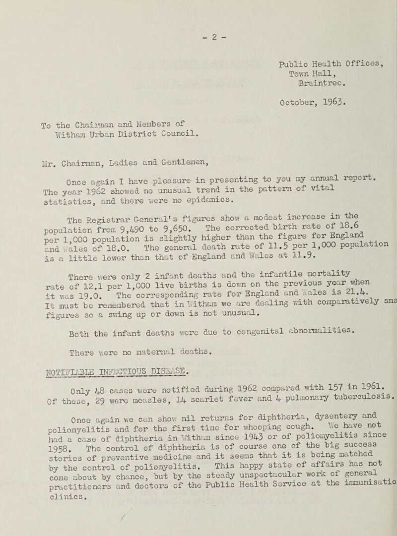 Public Health Offices, Town Hall, Braintree. October, 1963. To the Chairman and Members of Witham Urban District Council. Mr. Chairman, Ladies and Gentlemen, Once again I have pleasure in presenting to you my annual report. The year 1962 showed no unusual trend in the pattern of vital statistics, and there were no epidemics. The Registrar General’s figures show a modest increase in the population from 9,4-90 to 9,650. The corrected tirth rate of 18.6 per 1,000 population is slightly higher than the figure for England and Wales of 18.0. The general death rate of 11.5 per 1,000 population is a little lower than that of England and Wales at 11.9. There were only 2 infant deaths and the infantile.mortality rate of 12.1 per 1,000 live births is down on the previous year when it was 19.0. The corresponding rate for England and ..ales is 21.4. It must be remembered that in Witham we are dealing with comparatively sma figures so a swing up or down is not unusual. Both the infant deaths were due to congenital abnormalities. There were no maternal deaths. NOTIFIABLE INFECTIOUS PISEISE. Only 48 cases were notified during 1962 compared with 157 in 1961. Of these, 29 were measles, 14 scarlet fever and 4 pulmonary tuberculosis. Once again we can show nil returns for diphtheria, dysentery and poliomyelitis and for the first time for whooping cough. We have not had a case of diphtheria in Witham since 1943 or of poliomyelitis since 1958. The control of diphtheria is of course one of the big success stories of preventive medicine and it seems that it is being matched by the control of poliomyelitis. This happy state of affairs has not come about by chance, but by the steady unspectacular work of genera practitioners and doctors of the Public Health Service at the immumsatio clinics.