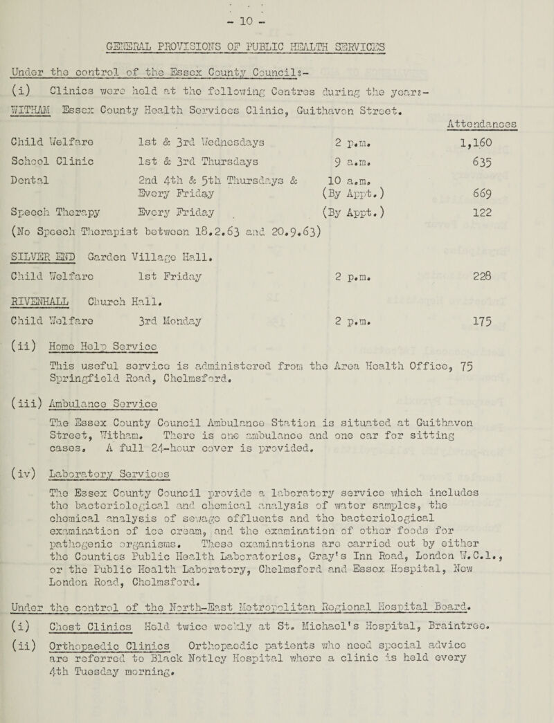 GENERAL PROVISIONS OF PUBLIC HEALTH SERVICES Under the control of the Essex County Councils- (i) Clinics were hold at the following Contras during the WITHAM Essex County Health Se3:vices Clinic, Guithavon Stroe year J. o _ o Attendances Child Welfare 1st & 3rd Wednesdays 2 p.m. 1,160 School Clinic 1st & 3-d Thursdays 9 a.m. 635 Dental 2nd 4'fch & 5th Thursdays o i—i a.m. Every Friday (By Appt,) 669 Speech Therapy Every Friday (By Appt,) 122 (No Speech Therapist between 18,2.63 and 20. 9.63) SILVER END Garden Village Hall. Child Welfare 1st Friday 2 p.m. 228 RIVENHALL Church Hall. Child Welfare 3rd Monday 2 p.m. 175 (ii) Home Hole Service This useful service is administered from the Area Health Office, 75 Springfield Road, Chelmsford. (iii) Ambulance Service The Essex County Council Ambulance Station is situated at Guithavon Street, Witham. There is one ambulance and one car for sitting cases. A full 24-hour cover is provided. (iv) Laboratory Services The Essex County Council provide a laboratory service which includes the bacteriological and chemical analysis of water samples, the chemical analysis of sewage effluents and the bacteriological examination of ice cream, and the examination of other foods for pathogenic organisms. These examinations are carried out by either the Counties Public Health Laboratories, Gray's Inn Road, London W.C.I., or the Public Health Laboratory, Chelmsford and Essex Hospital, New London Road, Chelmsford. Under the control of the North-East Metropolitan Regional Hospital Board. (i) Chest Clinics Held twice weekly at St. Michael's Hospital, Braintree. (ii) Orthopaedic Clinics Orthopaedic patients who need special advice are referred to Black Notlcy Hospital where a clinic is held every 4th Tuesday morning.