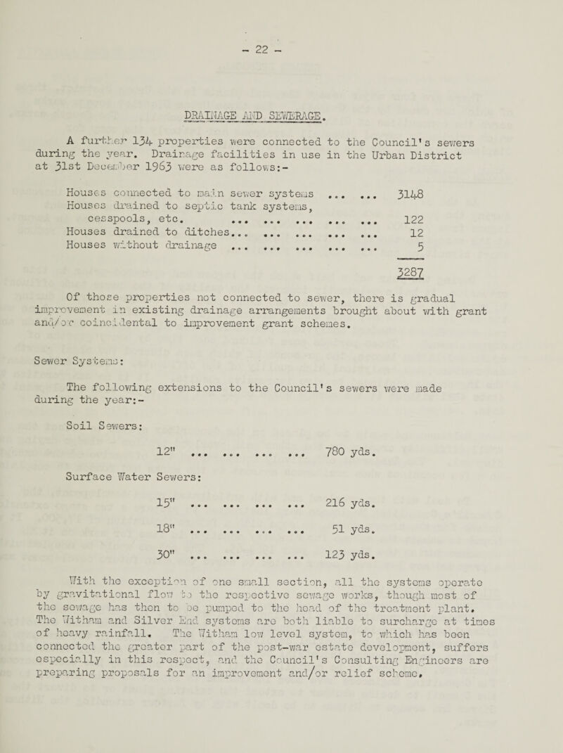 DRAINAGE MD SEWEBAG-E. A further 134 properties were connected to the Council’s sewers during the year. Drainage facilities in use in the Urban District at 31st December 1963 were as follows:- Houses connected to Bain sewer systems ... ... 3148 Houses drained to septic tank systems, cesspools, etc. ... ... ... 122 Houses drained to ditches... . 12 Houses w/ithout drainage .. ... ... 5 3287 Of those properties not connected to sewer, there is gradual improvement in existing drainage arrangements brought about with grant and/or coincidental to improvement grant schemes. Sewer Systems: The following extensions to the Council’s sewers were made during the year:- Soil Sewers: 12 000 000 Surface Water Sewers: 780 yds. 13 . 216 yds. 18 . e • .e. ... ... rljV ds. 30 ... ... 123 yds. With the exception of one small section* all the systems operate by gravitational flow to the respective sewage works, though most of the sewage has then to be pumped to the head of the treatment plant. The ditham and Silver End systems are both liable to surcharge at times of heavy rainfall. The Witham low level system, to which has been connected the greater part of the post-war estate development, suffers especially in this respect, and the Council’s Consulting Engineers are preparing proposals for an improvement and/or relief scheme#