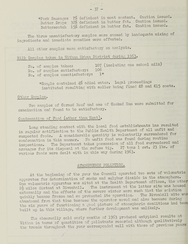 *Pork Sausages ' 7$ deficient in meat content. Caution issued. Butter Drops 32$ deficient in Butter fat. Caution issued. Butterscotch Vjj° deficient in butter fat. Caution issued. The three unsatisfactory samples were caused by inadequate mixing of ingredients and immediate remedies were effected. All other samples were satisfactory on analysis. Milk Samples taken in Witham Urban District during 19^3* 107 (including one school milk) Bo. of samples taken! Bo. of samples satisfactory? 106 Bo. of samples unsatisfactory? 1* *Sample contained 4/® added water* Legal proceedings instituted resulting with seller being fined £8 and £15 costs. Other Samples. Two samples of Corned Beef and one of Cooked Ham were submitted for examination and found to bo satisfactory. Condemnation of Food (other than Moatj. Long standing contact with the local food establishments has resulted in regular notification to the Public Health Department of all unfit and suspected foods. A considerable quantity is voluntarily surrendered for condemnation in this manner. Bo unfit food was found during routine inspections. The Department takes possession of all food surrenderee and arranges for its disposal at the refuse tip. . 27 tons 1 cwt. 23 los. ol various foods wgtg doalf 'With, in fchxs way Qiirin^ 19 ATMOSPHERIC POLLUTIOB. At the beginning of the year the Council operated two sets of volumetric apparatus for determination of smoke and sulphur dioxide m the.atmosphere cl U pcli. d u U.O 1U1 ^ — j. . ,, _i i_ _ __ One volumetric apparatus was sited at the Health Department offices, the other 24 miles distant at Rivenhall. The instrument at the latter site was housed externally and the effects of the severe winter were such that the solution quickly became frozen and so prevented its operation. The Rivenhall site was abandoned from that time because the operator moved and also because curing the six years of functioning a good picture of atmospheric conditions had been built up in this village, where further development was unlikely. The abnormally cold early months of 19^3 produced untypical results a Witham in terms 0/ quantities of pollutants recorded although qualitatively the trends throughout the year corresponded well with those of previous years