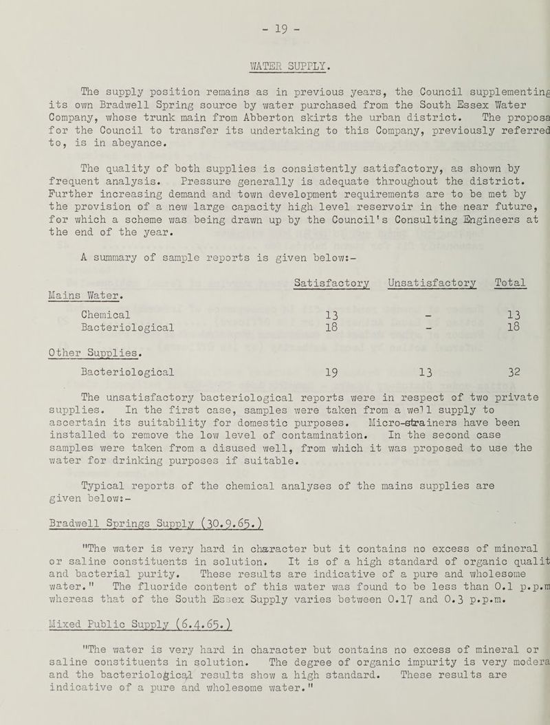 WATER SUPPLY. The supply position remains as in previous years, the Council supplementing its own Bradwell Spring source by water purchased from the South Essex Water Company, whose trunk main from Abberton skirts the urban district. The propose for the Council to transfer its undertaking to this Company, previously referred to, is in abeyance. The quality of both supplies is consistently satisfactory, as shown by frequent analysis. Pressure generally is adequate throughout the district. Further increasing demand and town development requirements are to be met by the provision of a new large capacity high level reservoir in the near future, for which a scheme was being drawn up by the Council's Consulting Engineers at the end of the year. A summary of sample reports is Mains Water. Chemical Bacteriological Other Supplies. Bacteriological given below:- Satisfactory Unsatisfactory Total 13 - 13 18 - 18 19 13 32 The unsatisfactory bacteriological reports were in respect of two private supplies. In the first case, samples were taken from a well supply to ascertain its suitability for domestic purposes. Micro-strainers have been installed to remove the low level of contamination. In the second case samples were taken from a disused well, from which it was proposed to use the water for drinking purposes if suitable. Typical reports of the chemical analyses of the mains supplies are given below;- Bradwell Springs Supply (30«9»65«) The water is very hard in character but it contains no excess of mineral or saline constituents in solution. It is of a high standard of organic qualit and bacterial purity. These results are indicative of a pure and wholesome water. The fluoride content of this water was found to be less than 0.1 p.p.m whereas that of the South Essex Supply varies between 0.17 and 0.3 p.p.m. Mixed Public Supply (6.4*65.) The water is very hard in character but contains no excess of mineral or saline constituents in solution. The degree of organic impurity is very modera and the bacteriological results show a high standard. These results are indicative of a pure and wholesome water.