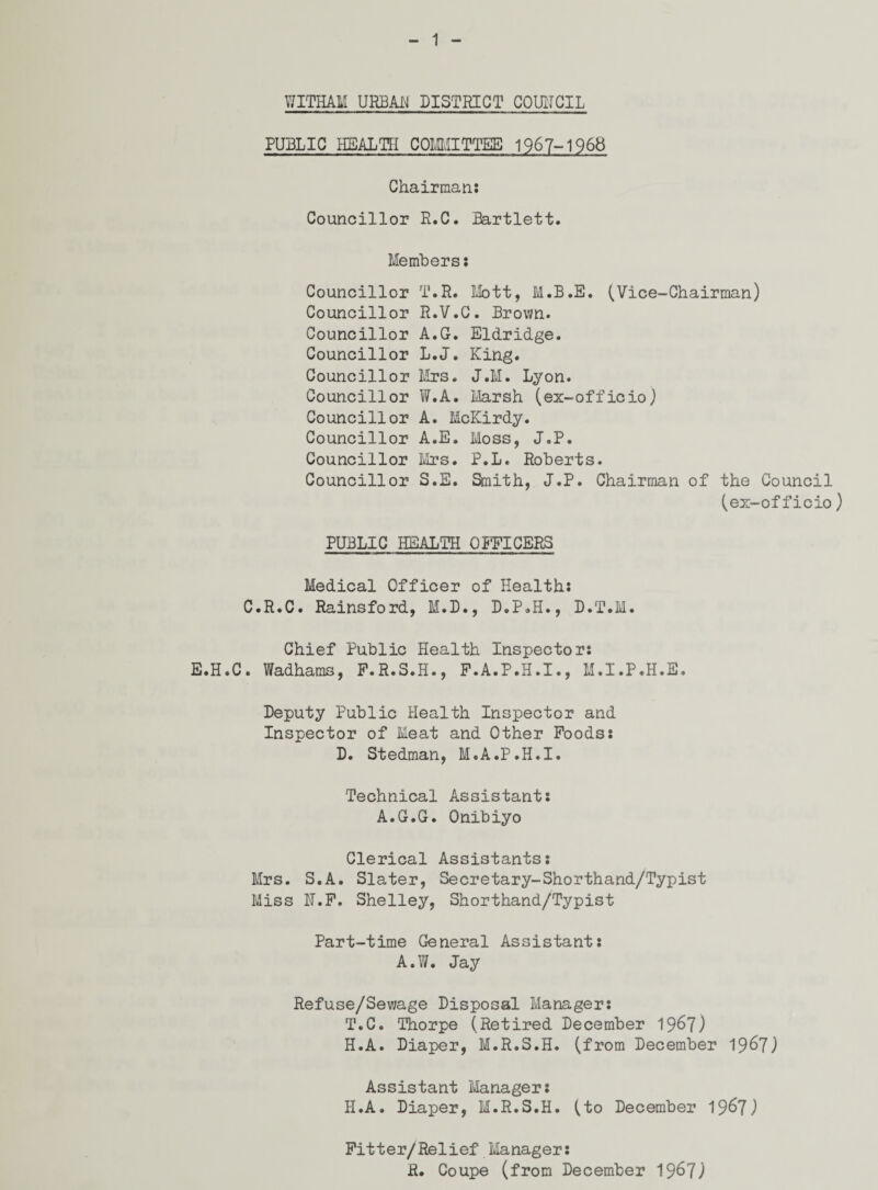 1 WITHAM URBAH DISTRICT COUNCIL PUBLIC HEALTH COMMITTEE 1967-1968 Chairman: Councillor E.C. Bartlett. Members: Councillor T.R. Mott, M.B.E. (Vice-Chairman) Councillor R.V.C. Brovin. Councillor A.G. Eldridge. Councillor L.J. King. Councillor Mrs. J.M. Lyon. Councillor W.A. Marsh (ex-officio) Councillor A. McKirdy. Councillor A.E. Moss, J.P. Councillor Mrs. P.L. Roberts. Councillor S.E. Smith, J.P. Chairman of the Council (ex-officio) PUBLIC HEALTH OFFICERS Medical Officer of Health: C.R.C. Rainsford, M.D., D.P»H., D.T.M. Chief Public Health Inspector: E.H.C. Wadhams, F.R.S.H., F.A.P.H.I., M.I.P.H.E. Deputy Public Health Inspector and Inspector of Meat and Other Foods: D. Stedman, M.A.P.H.I. Technical Assistant: A.G.G. Onibiyo Clerical Assistants: Mrs. S.A. Slater, Secretary-Shorthand/Typist Miss U.F. Shelley, Shorthand/Typist Part-time General Assistant: A.W. Jay Refuse/Sewage Disposal Manager: T.C. Thorpe (Retired December 1967) H.A. Diaper, M.R.S.H. (from December 1967) Assistant Manager: H.A. Diaper, M.R.S.H. (to December 196?) Fitter/Relief Manager: R. Coupe (from December 1967)