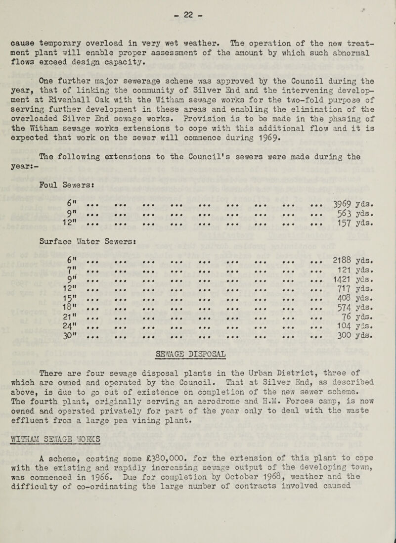 cause temporary overload in very wet weather. The operation of the new treat¬ ment plant will enable proper assessment of the amount by which such abnormal flows exceed design capacity. One further major sewerage scheme was approved by the Council during the year, that of linking the community of Silver Hid and the intervening develop¬ ment at Rivenhall Oak with the Witham sewage works for the two-fold purpose of serving further development in these areas and enabling the elimination of the overloaded Silver End sewage works. Provision is to be made in the phasing of the Witham sewage works extensions to cope with thi3 additional flow and it is expected that work on the sewer will commence during 19^9• The follovjing extensions to the Council's sewers were made during the year:- Foul Sewers: f)n U • • • 9 ... 12 ... 0 0 4 • • • 4 0 0 0 0 0 4 0 0 4 0 4 0 0 0 0 4 0 0 0 0 0 0 4 4 4 0 4 4 4 0 0 4 4 0 4 0 0 4 4 4 0 0 0 0 0 4 4 4 0 0 4 0 4 4 4 4 4 0 4 4 4 4 4 4 4 3969 yds. 563 yd3. 157 yds. Surface Y/ater Sewers: 6 7 9 12 15 18 21 24 30  2188 yds. 121 yds. 1421 yds. 717 yds. 408 yds. 574 yds. 76 yds. 104 yds. 300 yds. SEWAGE DISPOSAL There are four sewage disposal plants in the Urban District, three of which are owned and operated by the Council. That at Silver End, as described above, is due to go out of existence on completion of the new sewer scheme. The fourth plant, originally serving an aerodrome and H.M. Forces camp, is now owned and operated privately for part of the year only to deal with the waste effluent from a large pea vining plant. Y/1 THAU SE.7AGE WORKS A scheme, costing some £380,000. for the extension of this plant to cope with the existing and rapidly increasing sewage output of the developing town, was commenced in 1966. Due for completion by October 1968? weather and the difficulty of co-ordinating the large number of contracts involved caused