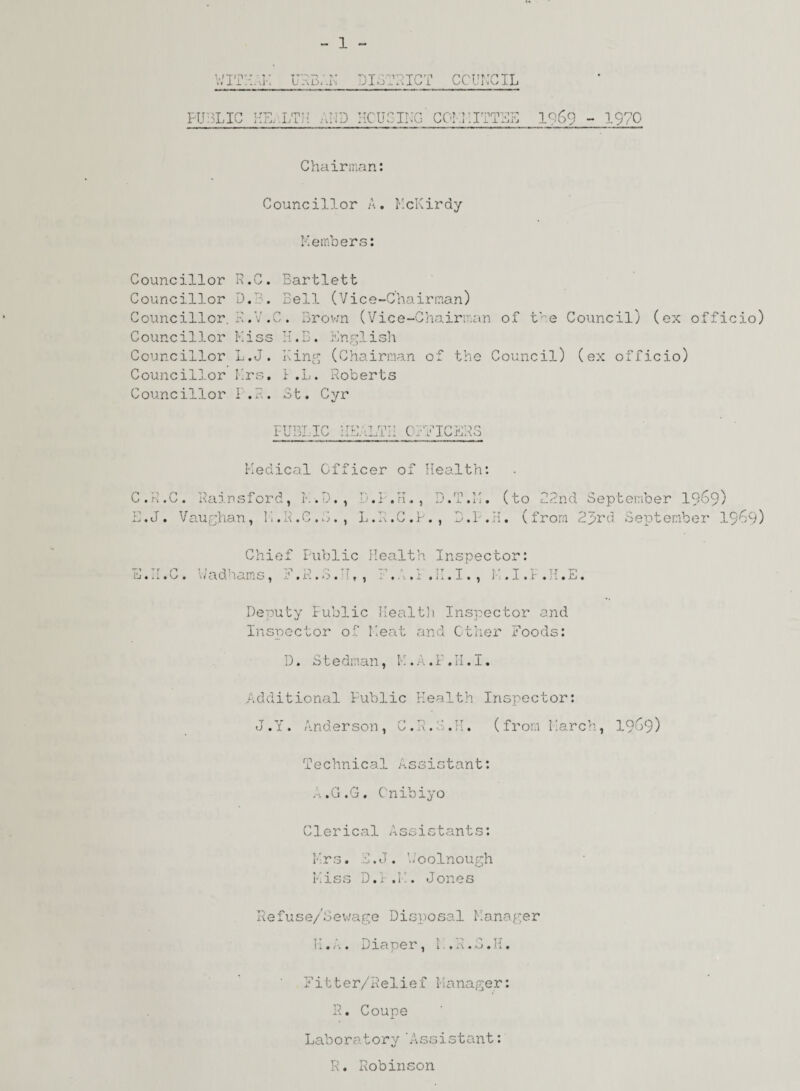 1 WITKAK U3 idi -i'i DISTRICT COUNCIL PUBLIC PIE. LTH AMD KCUSIMG' COMMITTEE 1969 - 1970 Chairman: Councillor A. McKirdy Members: Councillor Councillor Councillor. Councillor Councillor Councillor Councillor R.C. Bartlett DM5. Bell (Vice-Chairman) R.V.C. Brown (Vice-Chairman of the Council) Kiss H.B. English (ex officio) L.J. King (Chairman of the Council) (ex officio) Mrs. P.L. Roberts 1.2. 3t. Cyr PUBLIC 1rx1' 1 rp7 r,i:] 1.1; i‘ iOijAO c n 11 j Medical Officer of Health: ,C. Rainsford, M.D., D.P.H., D.T.M. . Vauglian , M«R. C . o. , Xj • . 0.5 • , u. I . n (to 22nd September 1969) . (from 23rd September 1969) ti r r U-J ♦ . *. • y • Chief Public Jadhams, 1. R. TT Health Inspector: T'1 - l !r T I ’ T V V x. • - - • - • 1 1 • _JL • ^ i - • >L • A 0 J 1 0 J—J 0 Deputy Public Health Inspector and Inspector of Meat and Other Foods: D. Stedman, M.A.P.II.I. Additional Public Health Inspector: J.Y. Anderson, C.R.S.H. (from March, 1969) Technical Assistant: A.G.G. Cnibiyo Clerical Assistants: Mrs. 2.J. b’oolnough Miss D.P.I . Jones Refuse/Sewage Disposal Manager Diaper, 1 . xt.o.J. Fitter/Relief Manager: R. Coupe Laboratory 'Assistant: R. Robinson