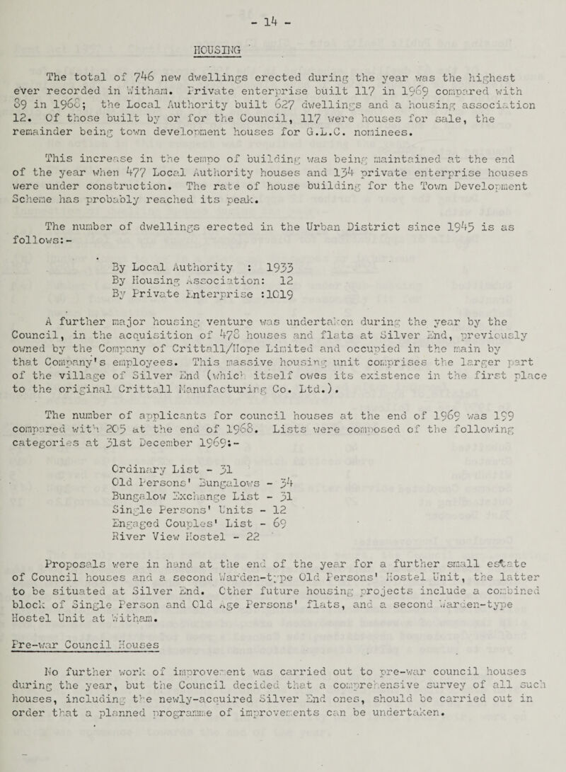 housing ’ The total of 746 new dwellings erected during the year was the highest ever recorded in Withara. Private enterprise built 117 in 1969 compared with 89 in i960; the Local Authority built 627 dwellings and a housing association 12. Of those built by or for the Council, 117 were houses for sale, the remainder being town development houses for G.L.C. nominees. This increase in the tempo of building of the year when 477 Local Authority houses were under construction. The rate of house Scheme has probably reached its peak. was being maintained at the end and 134 private enterprise houses building for the Town Development The number of dwellings erected in the Urban District since 1945 is as follows:- By Local Authority : 1935 By Housing Association: 12 By Private Enterprise :1C19 A further major housing venture was undertaken during the year by the Council, in the acquisition of 478 houses and flats at Silver End, previously owned by the Company of Crittall/Ilope Limited and occupied in the main by that Company's employees. This massive housing unit comprises the larger pert of the village of Silver End (whic1 itself owes its existence in the first place to the original Crittall Manufacturing Co. Ltd.). The number of applicants for council houses at the end of 1969 was 199 compared with 205 at the end of 1968. Lists were composed of the following categories at 51st December 19691- Crdinary List - 51 Old Persons' Bungalows - 54 Bungalow Exchange List - 51 Single Persons' Units - 12 Engaged Couples' List - 69 Kiver View Hostel - 22 Proposals were in hand at of Council houses and a second to be situated at Silver End. block of Single Person and Old Hostel Unit at V/itham. the end of the year for a further small estate Warden-type Old Persons' Hostel Unit, the latter Other future housing projects include a combined Age Persons' flats, and a second Warden-type Pre-war Council Houses No further work of improvement was carried out to pre-war council houses during the year, but the Council decided that a comprehensive survey of all such houses, including the newly-acc.uired Silver End ones, should be carried out in order that a planned programme of improvements can be undertaken.