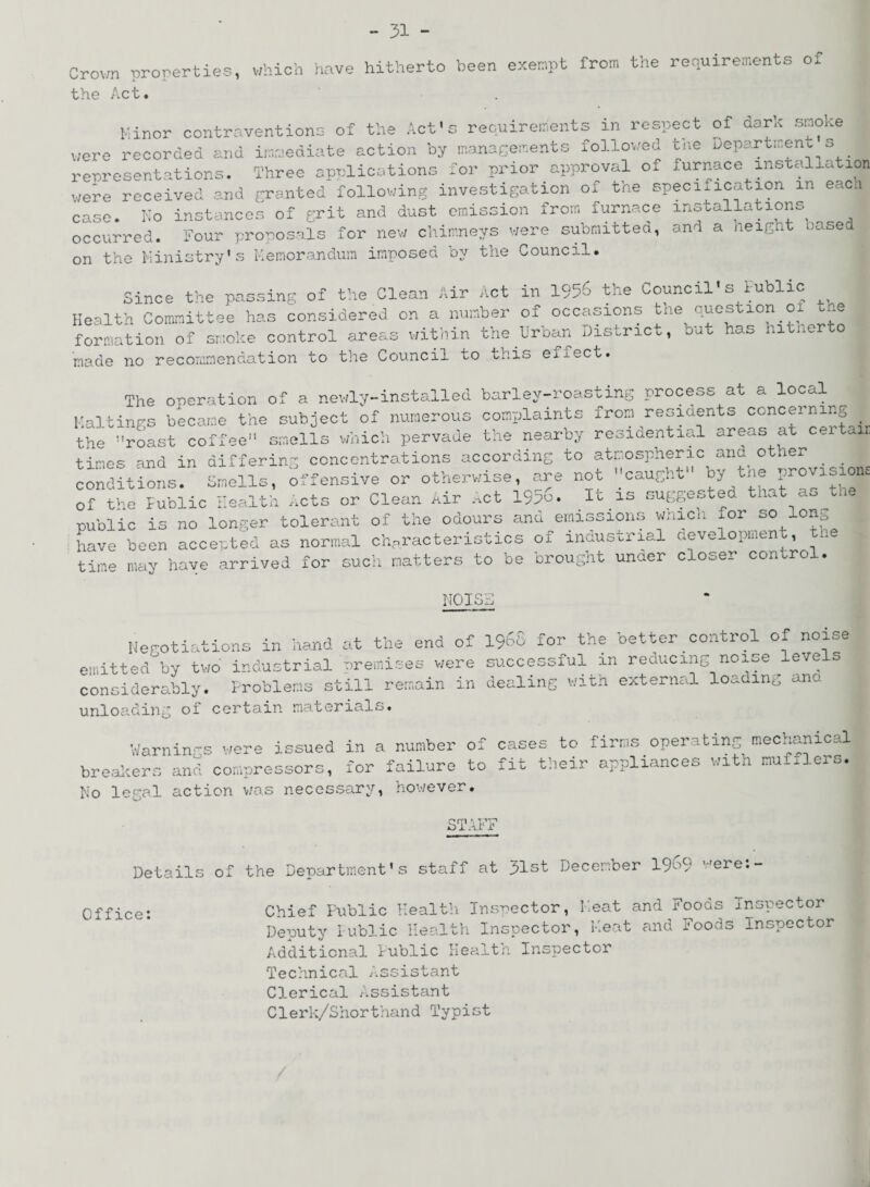 Crown properties, which have hitherto been exempt from the requirements of the Act. Minor contraventions of the Act's requirements in respect of darx smoke were recorded and immediate action by managements followed the Department s representations. Three applications for prior approval of furnace lnstalla ion were received and granted following investigation of the specification m each case. No instances of grit and dust emission from furnace installations occurred. Four proposals for new chimneys were submitted, and a neight cased on the Ministry’s Memorandum imposed by the Council. Since the passing of the Clean Air Act in 1956 the Council s Public Health Committee has considered on a number of occasions the question 01 tne formation of smoke control areas within the Urban District, but has hitnerto made no recommendation to the Council to this ef±ect. The operation of a newly-installed barley-roasting process at a local Waitings became the subject of numerous complaints from residents conceining the roast coffee smells which pervade the nearby residential areas at certain tines and in differing concentrations according to atmospheric and otner conditions. Smells, offensive or otherwise, are not caught ’oy the provision, of the lublic Health Acts or Clean Air Act 19?o. Itis suggested that do public is no longer tolerant of the odours and emissions wnicn xor so lonb have been accepted as normal characteristics of industrial development, rue time may have arrived for such matters to be Drought unaer closer control. NOISE Negotiations in hand at the end of 1968 for the better_control of noise emitted by two industrial premises were successful m reducing noise levels considerably. Problems still remain in dealing with external loading ana unloading of certain materials. Warnin -s were issued m a number of cases to firms operating mechanical breakers and compressors, for failure to fit their appliances with mufflers. No legal action was necessary, however. STAFF Details of the Department’s staff at ^Ist December 1969 vrere:- Office: Chief Public Health Inspector, Meat and Foods Inspector Deputy lublic Health Inspector, Meat and Foods Inspector Additional lublic Health Inspector Technical Assistant Clerical Assistant Clerk/Shorthand Typist