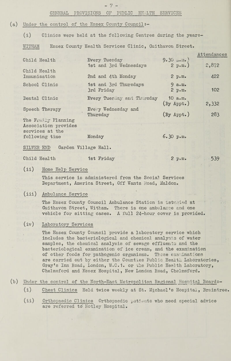 GENERAL PROVISIONS OF PUBLIC HEALTH SERVICES (a) Under the control of the Essex Coujity Council: Clinics v/ere held at the following Centres during the year: WITHAM Essex County Health Services Clinic, Guithavon Street. Child Health Child Health Immunisation Attendances Every Tuesday 9*30 ) 1st and 3rd Wednesdays 2 p.m.) 2,872 2nd and 4th Monday 2 p.m. 422 School Clinic Dental Clinic Speech Therapy The Ft''...Uy Planning Association provides services at the following time 1st and 3rd Thursdays 3rd Friday Every Tuesday and Thursday E/e-'y Wednesday and Thursday 9 a.m. 2 p.m. 10 a.m. (By Appt.) (By Appt.) Monday 6.30 p.m. 102 2,332 283 SILVER END Garden Village Hall. Child Health 1st Friday 2 p.m. 539 (ii) Home Help Service This service is administered from the Socia? Services Department, America Street, Off V/antz R.oad, Maldon. (iii) Ambulance Service The Essex County Council Ambulance Station is istr.vLof* at Guithavon Street, Witham. There is one ambulai'-ve and one vehicle for sitting cases. A full 24~hour cover is provided. (iv) Laboratory Services The Essex County Council provide a laboratory service which includes the bacteriological and chemical analy‘i''.3 of water samples, the chemical analysis of sewage effluents and the bacteriological examination of ice cream, and the examination of other foods for pathogenic organisms. Thrse exa'.inat: ons are carried out by either the Counti.es Public Health. Laboratories, Gray's Inn Road, London, W.C.I. or the Public Health Laboratory, Chelmsford and Essex Hospital, New London Road, Chelmsford. (b) Under the control of the North-East Metropolitan Regional Hospital Board:-- (i) Chest Clinics Held twice weekly at St. Michael's Hospitax, Braintree. (ii) Orthopaedic Clinics Orthopaedic ^ati.-nts who need special advice are referred to Notley Hospital.