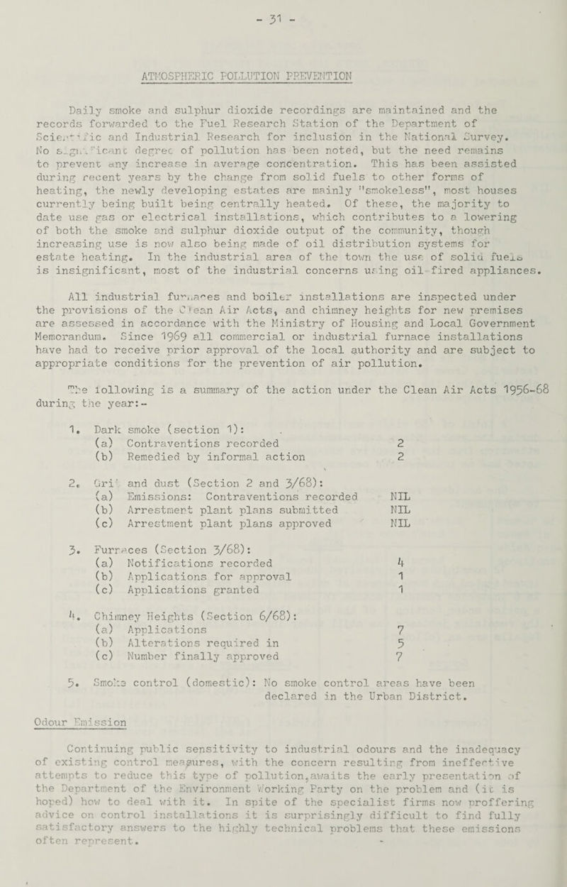 ATI'.OSPHERIC POLLUTION PREVETJTION Daily smoke and sulphur dioxide recordings are maintained and the records forv/arded to the Fuel Research Station of the Department of Scie.-'''fie and Industrial Research for inclusion in the National Survey. No s^gu'F'icanc degree of pollution has been noted, but the need remains to prevent any increase in average concentration. This has been assisted during recent years by the change from sol.id fuels to other forms of heating, the newly developing estates are mainly smokeless”, most houses currently being built being centrally heated. Of these, the majority to date use gas or electrical installations, v/hich contributes to a lowering of both the smoke and sulphur dioxide output of the community, though increasing use is nov; also being made of oil distribution systems for estate heating. In the industrial area of the town the use of solid iuej.0 is insignificant, most of the industrial concerns ufing oil fired appliances. All industrial fu'^j,a/'es and boiler installations are inspected under the provisions of the O'ean Air Acts, and chimney heights for nev/ premises are assessed in accordance v/ith the Ministry of Housing and Local Government Memorandum. Since 19^9 ?-ll commercial or industrial furnace installations have had to receive prior approval of the local authority and are subject to appropriate conditions for the prevention of air pollution. The lollov/ing is a summary of the action under the Clean Air Acts '1956-68 during the year:- i. Dark smoke (section 1): (a) Contraventions recorded 2 (b) Remedied by informal action 2 2t Ori' and dust (Section 2 and 3/68): (a) Emissions: Contraventions recorded (b) Arrestment plant plans submitted (c) Arrestment plant plans approved 3. Furnaces (Section 3/68): (a) Notifications recorded (b) Applications for approval (c) Applications granted A. Chimney Heights (Section 6/68): (a) Applications (b) Alterations required in (c) Number finally approved NIL NIL NIL A 1 1 7 5 7 5. Smoke control (domestic): No smoke control areas have been declared in the Urban District. Odour Emission Continuing public sensitivity to industrial odours and the inadequacy of existing control measures, v.’ith the concern resulting from inoffestive attempts to reduce this type of pollution.awaits the early presentation of the Department of the Environment V/orking Party on the problem and (ic is hoped) hov; to deal with it. In spite of the specialist firms now proffering advice on control installations it is surprisingly difficult to find fully satisfactory answers to the highly technical problems that these emissions often represent.