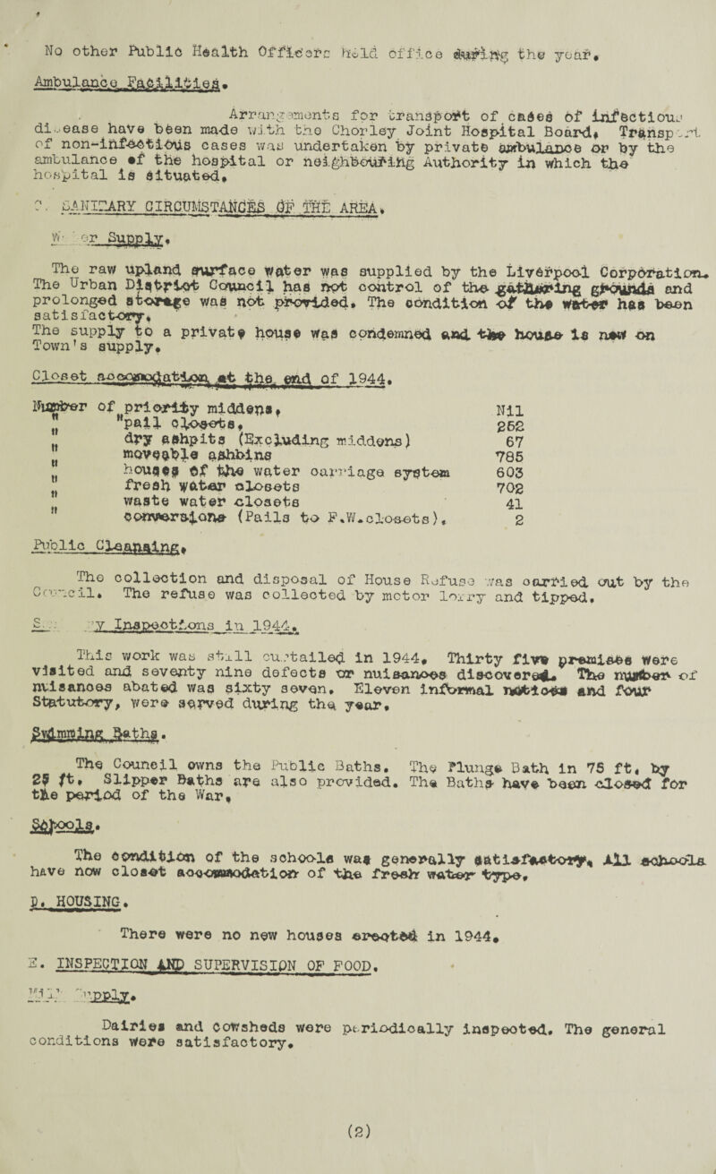 f No other Public Health Offie'orc held office duriitg the your# Ambulance^ .Fftj5JJl.lt is a. Arrangements for transport of cades of infectious disease have been made with the Chorley Joint Hospital Board# Transport of non-ihf-ectiOus cases was undertaken by private ambulance or by the ambulance sf the hospital or neighbouring Authority in which th-e hospital is Situated* BANIdARY CIRCmlSTASdSs THE AREA# #. mM' The raw upland surface water was supplied by the Liverpool Corporation*. The Urban Diqtriot Council has not control of the gathering gfrouftdfi and prolonged storage was not provided* The condition of the Water ha# been satisfactory* The supply to a private house was condemned and tfc# house is new on Town’s supply* Closet acc^ffodation ,«t the, end of 1944. Number of priority middens# Nil  pall oloeots* 262 dry ashpits (Excluding middens) 67 moveable aahbins 785 houses Gf the water oarriage system 603 M fresh w^tar closets 702 waste water closets 41 conversion* (Pails to F,W*clooets)< 2 Public Cleanalng* The collection and disposal of House Refuse 7/as oarfied out by tho Ccuncil* The refuse was collected by motor lorry and tipped, S - y Inspections in 1944, This work was still curtailed in 1944* Thirty fiv* premises Were visited and seventy nine defects or nuloanoes discovered-* The number of nvisanoes abated was sixty seven, Eleven informal r&bto&g and four Statutory* were served during the year* - The Council owns the Public Baths. The Plunge Bath in 75 ft* by 29 11, Slipper Baths are also provided. The Baths- have been. -clogged for the period of the War, The condition of the sohoois wat generally aati^faatety* ill achob-L& h&ve now clos-ot aoooittSocUitiory of the freeh water type* P* HOUSING. «’*,a * »0— There were no new houses ©rioted in 1944* 2. INSPECTION iKD SUPERVISION OF FOOD. '^P-Ply* Dairies and cowsheds were periodically inspeoted# The general conditions were satisfactory*