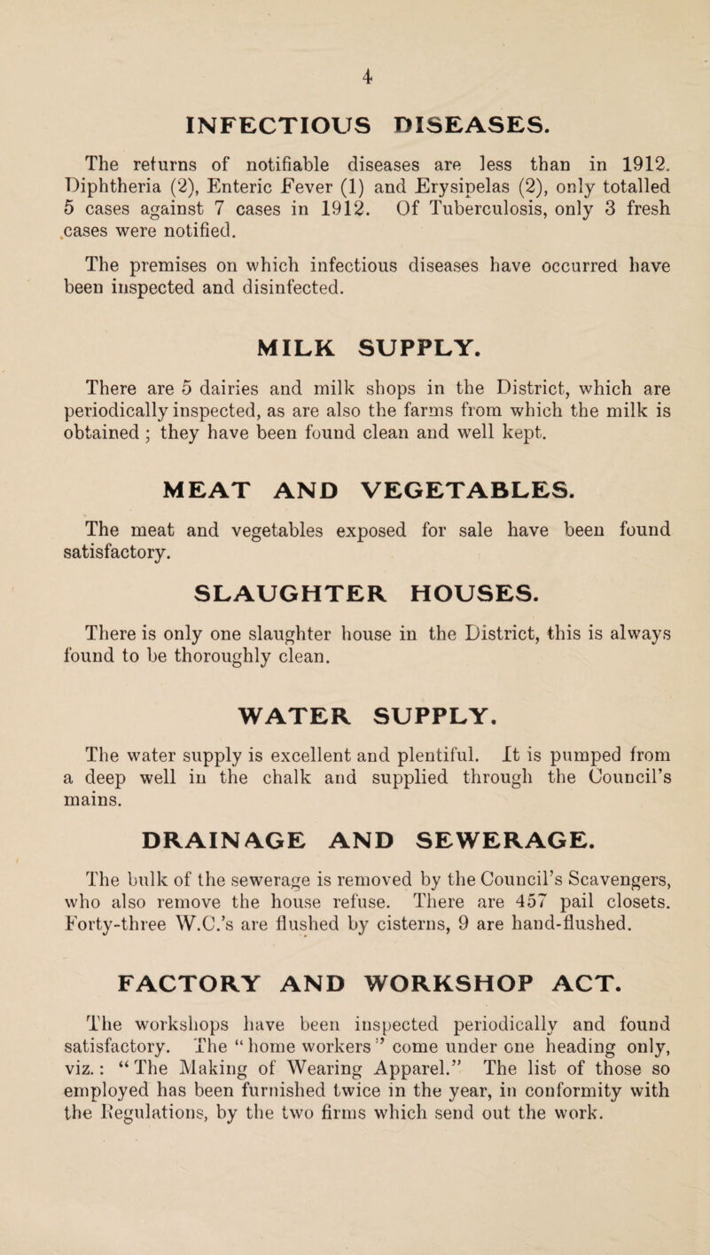 INFECTIOUS DISEASES. The returns of notifiable diseases are less than in 1912. Diphtheria (2), Enteric Fever (1) and Erysipelas (2), only totalled 5 cases against 7 cases in 1912. Of Tuberculosis, only 3 fresh .cases were notified. The premises on which infectious diseases have occurred have been inspected and disinfected. MILK SUPPLY. There are 5 dairies and milk shops in the District, which are periodically inspected, as are also the farms from which the milk is obtained ; they have been found clean and well kept. MEAT AND VEGETABLES. The meat and vegetables exposed for sale have been found satisfactory. SLAUGHTER HOUSES. There is only one slaughter house in the District, this is always found to be thoroughly clean. WATER SUPPLY. The water supply is excellent and plentiful. It is pumped from a deep well in the chalk and supplied through the Council’s mains. DRAINAGE AND SEWERAGE. The bulk of the sewerage is removed by the Council’s Scavengers, who also remove the house refuse. There are 457 pail closets. Forty-three W.C.’s are flushed by cisterns, 9 are hand-flushed. FACTORY AND WORKSHOP ACT. The workshops have been inspected periodically and found satisfactory. The “ home workers ” come under one heading only, viz.: “ The Making of Wearing Apparel.” The list of those so employed has been furnished twice in the year, in conformity with the Kegulations, by the two firms which send out the work.