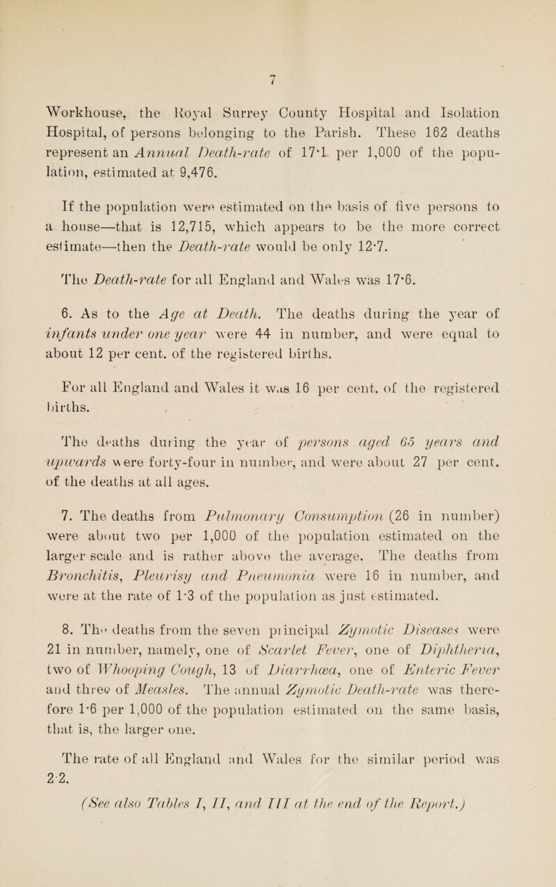 Workhouse, the Royal Surrey County Hospital and Isolation Hospital, of persons belonging to the Parish. These 162 deaths represent an Annual Death-rate of 17T per 1,000 of the popu¬ lation, estimated at 9,476. If the population were estimated on the basis of five persons to a house—that is 12,715, which appears to be the more correct estimate—then the Death-rate would be only 12-7. The Death-rate for all England and Wales was 17*6. 6. As to the Age at Death. The deaths during the year of infants under one year were 44 in number, and were equal to about 12 per cent, of the registered births. For all England and Wales it was 16 per cent, of the registered births. The deaths during the year of persons aged 65 years and upwards were forty-four in number, and were about 27 per cent, of the deaths at all ages. 7. The deaths from Pulmonary Consumption (26 in number) were about two per 1,000 of the population estimated on the larger scale and is rather above thu average. The deaths from Bronchitis, Pleurisy and Pneumonia were 16 in number, and were at the rate of P3 of the population as just estimated. 8. The deaths from the seven principal Zymotic Diseases were 21 in number, namely, one of Scarlet Fever, one of Diphtheria, two of Whooping Cough, 13 of Diarrhoea, one of Enteric Fever and three' of Measles. The annual Zymotic Death-rate was there- fore 1’6 per 1,000 of the population estimated on the same basis, that is, the larger one. The rate of all England and Wales for the similar period was 2 2.