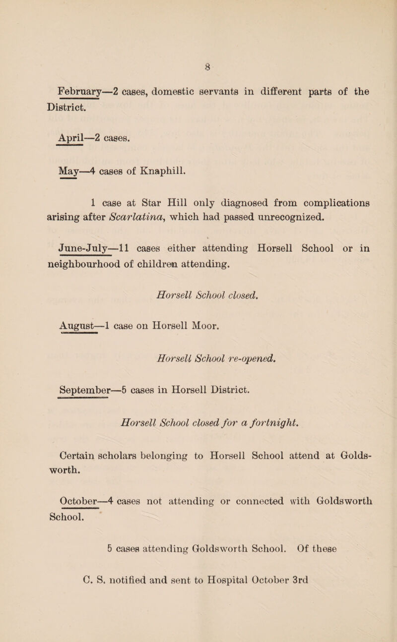 8- February—2 cases, domestic servants in different parts of the District. April—-2 cases. May—4 cases of Knaphill. 1 case at Star Hill only diagnosed from complications arising after Scarlatina, which had passed unrecognized. June-July—11 cases either attending Horsell School or in neighbourhood of children attending. Horsell School closed. August—1 case on Horsell Moor. Horsell School re-opened. September—5 cases in Horsell District. Horsell School closed for a fortnight. Certain scholars belonging to Horsell School attend at Golds- worth. October-—4 cases not attending or connected with Golds worth School. 5 cases attending Golds worth School. Of these C. S. notified and sent to Hospital October 3rd