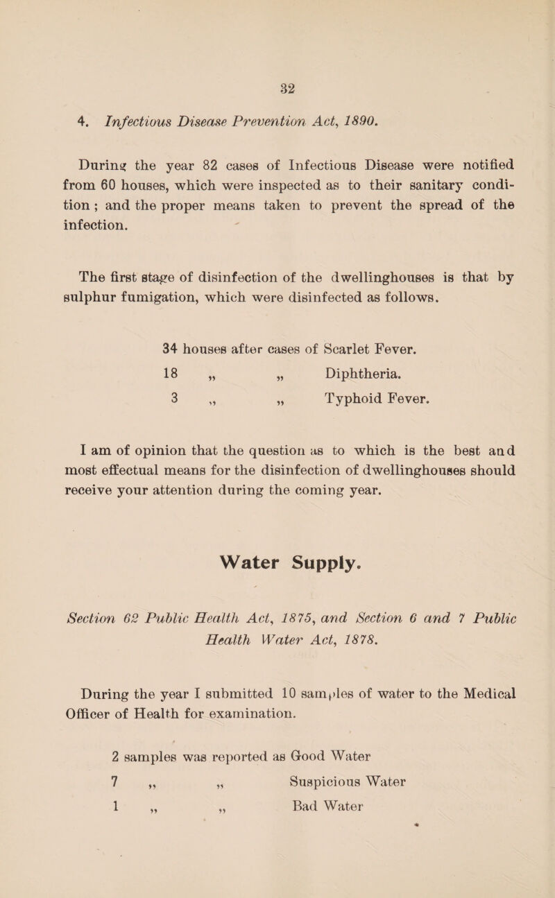 4. Infectious Disease Prevention Act, 2590. During the year 82 cases of Infectious Disease were notified from 60 houses, which were inspected as to their sanitary condi¬ tion ; and the proper means taken to prevent the spread of the infection. The first stage of disinfection of the dwellinghouses is that by sulphur fumigation, which were disinfected as follows. 34 houses after cases of Scarlet Fever. 18 „ „ Diphtheria. 3 „ „ Typhoid Fever. I am of opinion that the question as to which is the best and most effectual means for the disinfection of dwellinghouses should receive your attention during the coming year. Water Supply* Section 62 Public Health Act, 2575, and Section 6 and 7 Public Health Water Act, 2575. During the year I submitted 10 samples of water to the Medical Officer of Health for examination. 2 samples was reported as Good Water 7 „ „ Suspicious Water 1 „ „ Bad Water