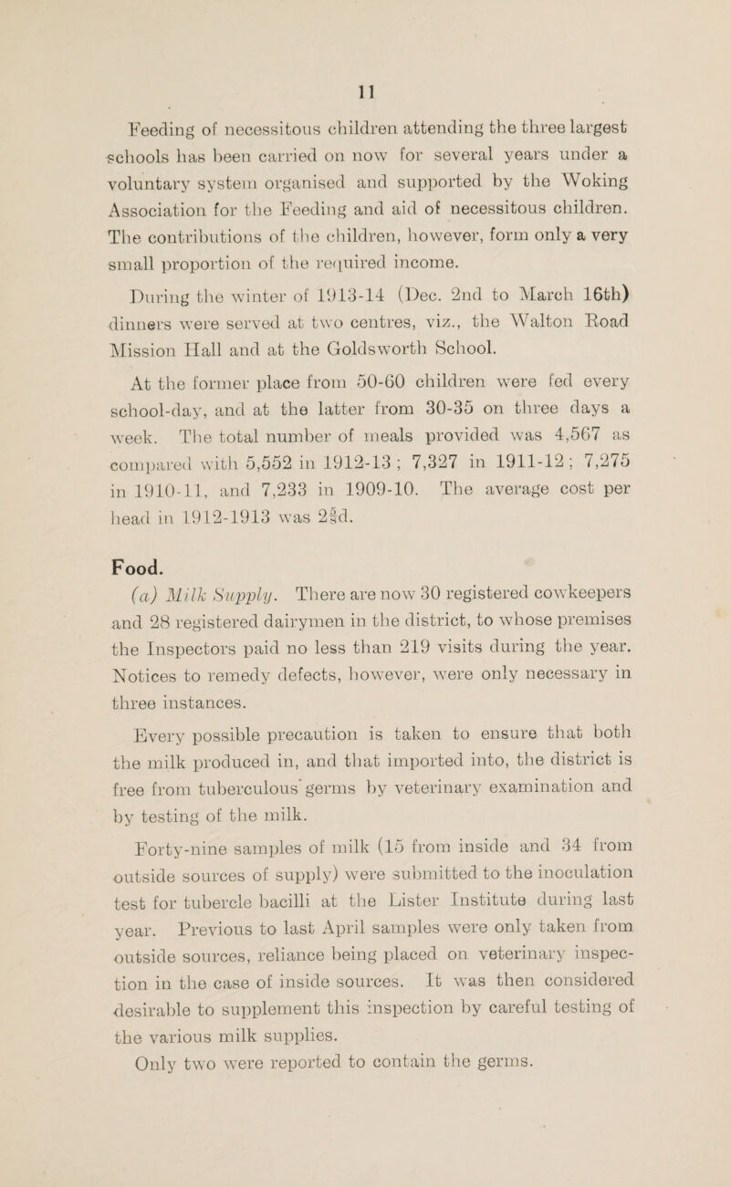 Feeding of necessitous children attending the three largest •schools has been carried on now for several years under a voluntary system organised and supported by the Woking Association for the Feeding and aid of necessitous children. The contributions of the children, however, form only a very small proportion of the required income. During the winter of 1913-14 (Dec. 2nd to March 16th) dinners were served at two centres, viz., the Walton Road Mission Hall and at the Goldsworth School. At the former place from 50-60 children were fed every school-day, and at the latter from 30-35 on three days a week. The total number of meals provided was 4,567 as compared with 5,552 in 1912-13; 7,327 in 1911-12; 7,275 in 1910-11, and 7,233 in 1909-10. The average cost per head in 1912-1913 was 2fd. Food. (a) Milk Supply. There are now 30 registered cowkeepers and 28 registered dairymen in the district, to whose premises the Inspectors paid no less than 219 visits during the year. Notices to remedy defects, however, were only necessary in three instances. Every possible precaution is taken to ensure that both the milk produced in, and that imported into, the district is free from tuberculous* germs by veterinary examination and by testing of the milk. Forty-nine samples of milk (15 from inside and 34 from outside sources of supply) were submitted to the inoculation test for tubercle bacilli at the Eister Institute during last year. Previous to last April samples were only taken from outside sources, reliance being placed on veterinary inspec¬ tion in the case of inside sources. It was then considered desirable to supplement this inspection by careful testing of the various milk supplies. Only two were reported to contain the germs.