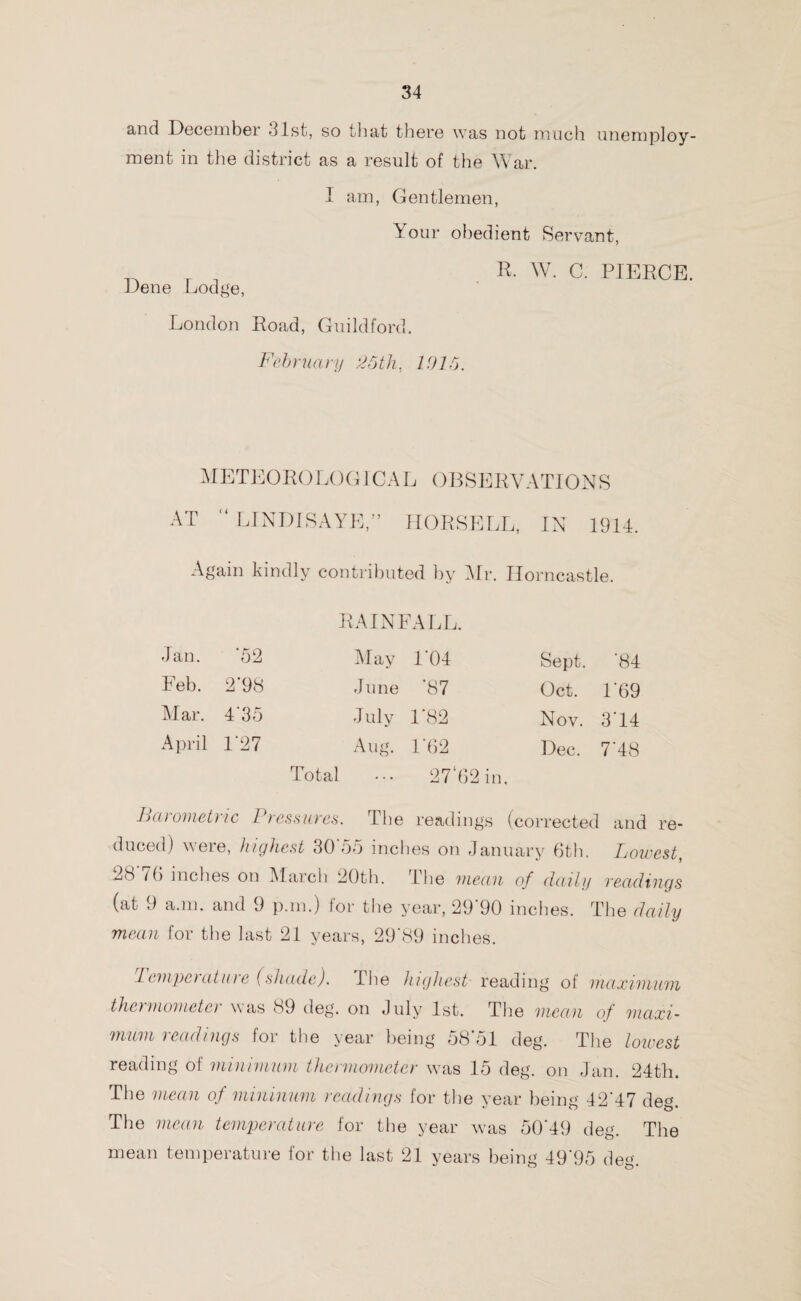 arid December 31st, so that there was not much unemploy¬ ment in the district as a result of the War. I am, Gentlemen, Your obedient Servant, r , R. W. C. PIERCE. Dene Lodge, London Road, Guildford. February 25th, 1915. METEOROLOGICAL OBSERVATIONS AT “ LINDISAYE,” HORSELL, IN 1914. Again kindly contributed by Mr. Horncastle. RAINFALL. Jan. *52 May 1*04 Sept. *84 Feb. 2*98 June *87 Oct. 1*69 Mar. 4*35 July 1*82 Nov. 3*14 April 1*27 Aug. 1*62 Dec. 7*48 Total ... 27‘62 in, hai ometi ic Pressures. 4 be reading's (corrected and re¬ duced) were, highest 30*55 inches on January 6th. Lowest, 28 /6 inches on March 20th. The mean of daily readings (at 9 a.m. and 9 p.m.) for the year, 29'90 inches. The daily mean for the last 21 years, 29'89 inches. Temperature (shade). The highest reading of maximum thermometer was 89 deg. on July 1st. The mean of maxi¬ mum readings for the year being 58*51 deg. The lowest reading of minimum thermometer was 15 deg. on Jan. 24tli. The mean of minimum readings for the year being 42*47 deg. The mean temperature for the year was 50*49 deg. The mean temperature for the last 21 years being 49*95 deg.