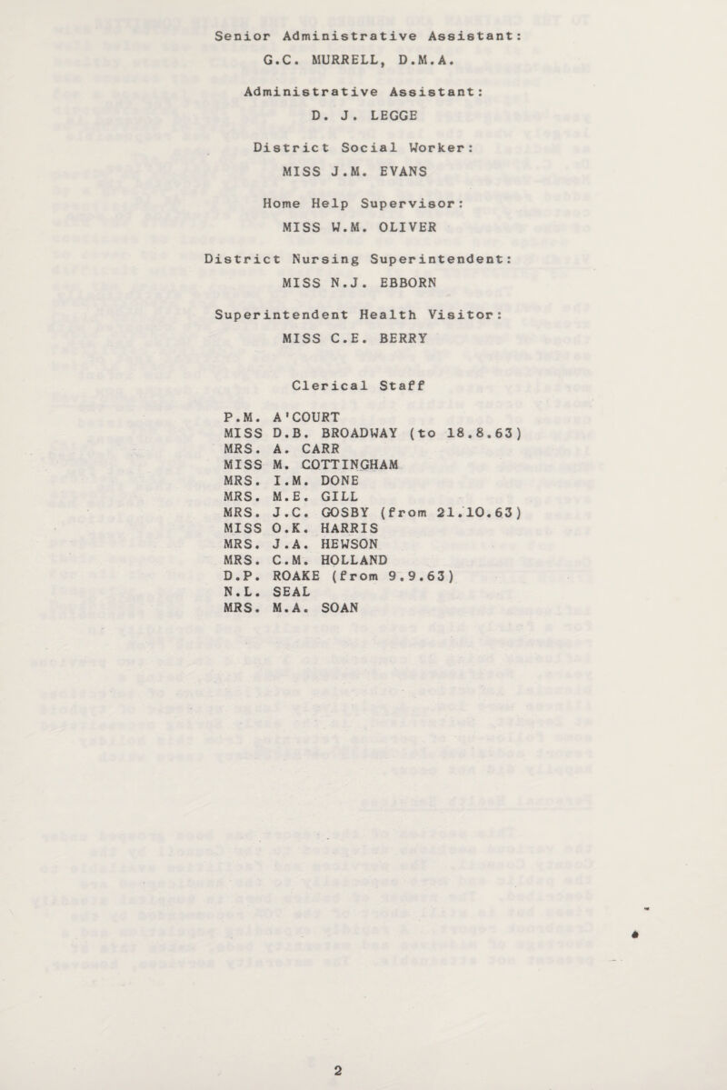 Senior Administrative Assistant: G.C. MURRELL, D.M.A. Administrative Assistant: D. J. LEGGE District Social Worker: MISS J.M. EVANS Home Help Supervisor: MISS W.M. OLIVER District Nursing Superintendent: MISS N.J. EBBORN Superintendent Health Visitor: MISS C.E. BERRY Clerical Staff P.M. A’COURT MISS D.B. BROADWAY (to 18.8,63) MRS. A. CARR MISS M. COTTINGHAM MRS. I.M. DONE MRS. M.E. GILL MRS. J.C. GOSBY (from 21.10.63) MISS 0.K. HARRIS MRS. J.A. HEWSON MRS. C.M. HOLLAND D.P. ROAKE (from 9.9.63) N.L. SEAL MRS. M.A. SOAN *