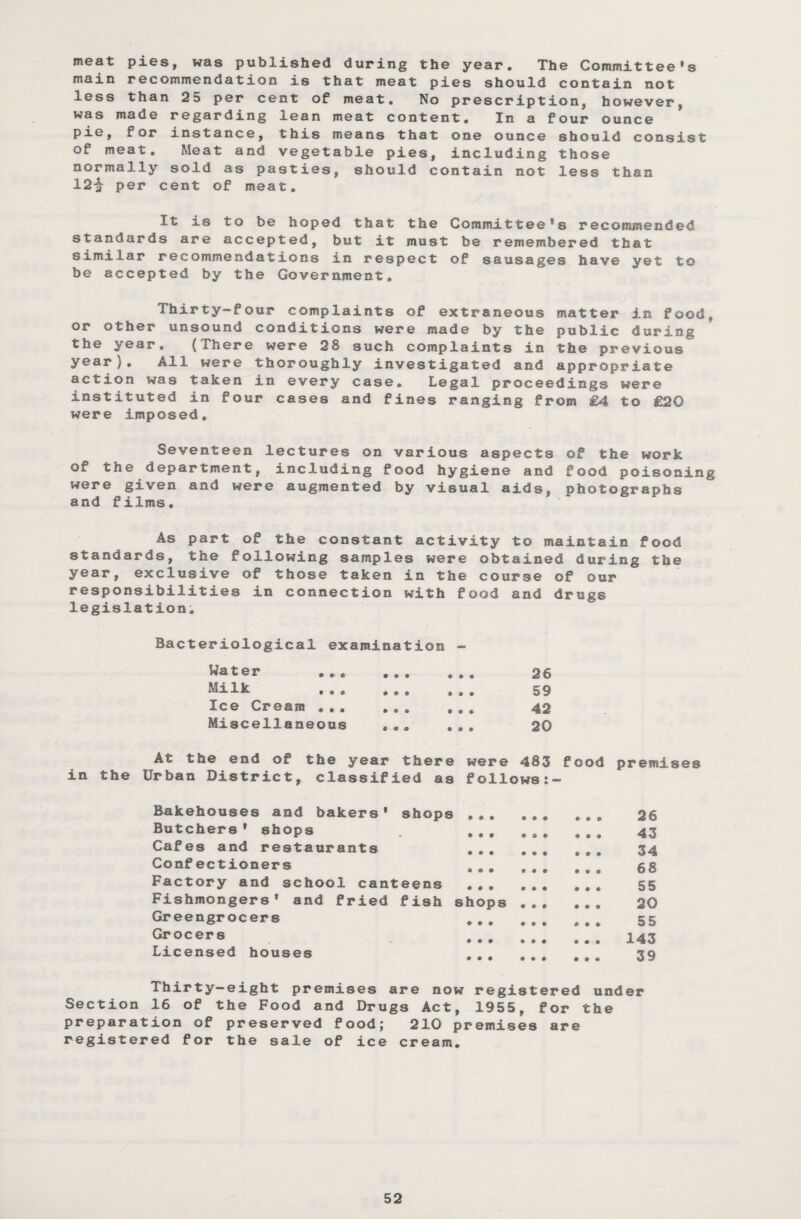 meat pies, was published during the year. The Committee’s ro&iu recommendation is that meat pies should contain not less than 25 per cent of meat. No prescription, however, was made regarding lean meat content. In a four ounce pie, for instance, this means that one ounce should consist of meat. Meat and vegetable pies, including those normally sold as pasties, should contain not less than 12£ per cent of meat. It is to be hoped that the Committee’s recommended standards are accepted, but it must be remembered that similar recommendations in respect of sausages have yet to be accepted by the Government. Thirty-four complaints of extraneous matter in food, or other unsound conditions were made by the public during the year. (There were 28 such complaints in the previous year). All were thoroughly investigated and appropriate action was taken in every case. Legal proceedings were instituted in four cases and fines ranging from £4 to €20 were imposed. Seventeen lectures on various aspects of the work of the department, including food hygiene and food poisoning were given and were augmented by visual aids, photographs and films. As part of the constant activity to maintain food standards, the following samples were obtained during the year, exclusive of those taken in the course of our responsibilities in connection with food and drugs legislation. Bacteriological examination - Water ... . 26 Milk ... ... ... 59 Ice Cream .. 42 Miscellaneous ... ... 20 in the At the end of the year there Urban District, classified as were 483 follows: food premises Bakehouses and bakers* shops ... • » 0 0 9 9 26 Butchers * shops • • • • 9 0 9 9 0 43 Cafes and restaurants • • • • • * 9 0 9 34 Confectioners • • • 9 9 9 9 0 9 68 Factory and school canteens ... 0 9 0 0 0 9 55 Fishmongers' and fried fish shops 9 9 0 9 9 9 20 Greengrocers ♦ • * • 99 0 9 9 55 Grocers • © * 9 0 0 • 00 143 Licensed houses • • • • •0 • 09 39 Thirty-eight premises are now registered under Section 16 of the Food and Dru gs Act, 1955 , f or the preparation of preserved food; 210 premises are registered for the sale of ice cream.