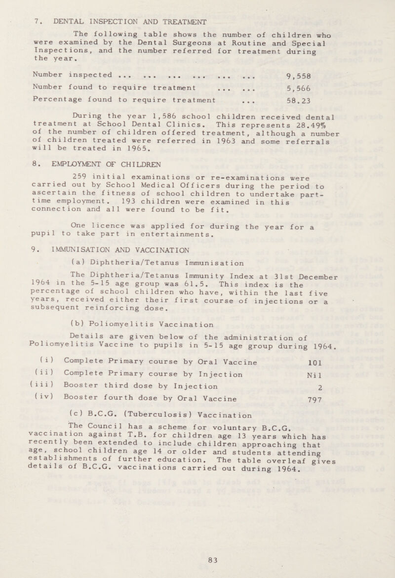 7. DENTAL INSPECTION AND TREATMENT The following table shows the number of children who were examined by the Dental Surgeons at Routine and Special Inspections, and the number referred for treatment during the year. Number inspected ... ... ... 9,558 Number found to require treatment . 5,566 Percentage found to require treatment ... 58.23 During the year 1,586 school children received dental treatment at School Dental Clinics. This represents 28.49% of the number of children offered treatment, although a number of children treated were referred in 1963 and some referrals will be treated in 1965. 8. EMPLOYMENT OF CHILDREN 259 initial examinations or re-examinations were carried out by School Medical Officers during the period to ascertain the fitness of school children to undertake part- time employment. 193 children were examined in this connection and all were found to be fit. One licence was applied for during the year for a pupil to take part in entertainments. 9. IMMUNISATION AND VACCINATION (a) Diphtheria/Tetanus Immunisation The Diphtheria/Tetanus Immunity Index at 31st December 1964 in the 5-15 age group was 61.5. This index is the percentage of school children who have, within the last five years, received either their first course of injections or a subsequent reinforcing dose. (b) Poliomyelitis Vaccination Details are given below of the administration of Poliomyelitis Vaccine to pupils in 5-15 age group during 1964. (i) Complete Primary course by Oral Vaccine 101 (ii) Complete Primary course by Injection Nil (iii) Booster third dose by Injection 2 (iv) Booster fourth dose by Oral Vaccine 797 (c) B.C.G. (Tuberculosis) Vaccination The Council has a scheme for voluntary B.C.G. vaccination against T.B. for children age 13 years which has recently been extended to include children approaching that age, school children age 14 or older and students attending establishments of further education. The table overleaf gives details of B.C.G. vaccinations carried out during 1964.