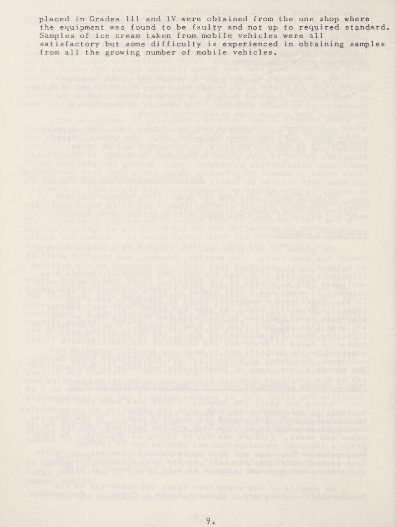 the equipment was found to be faulty and not up to required standard. Samples of ice cream taken from mobile vehicles were all satisfactory but some difficulty is experienced in obtaining samples from all the growing number of mobile vehicles.