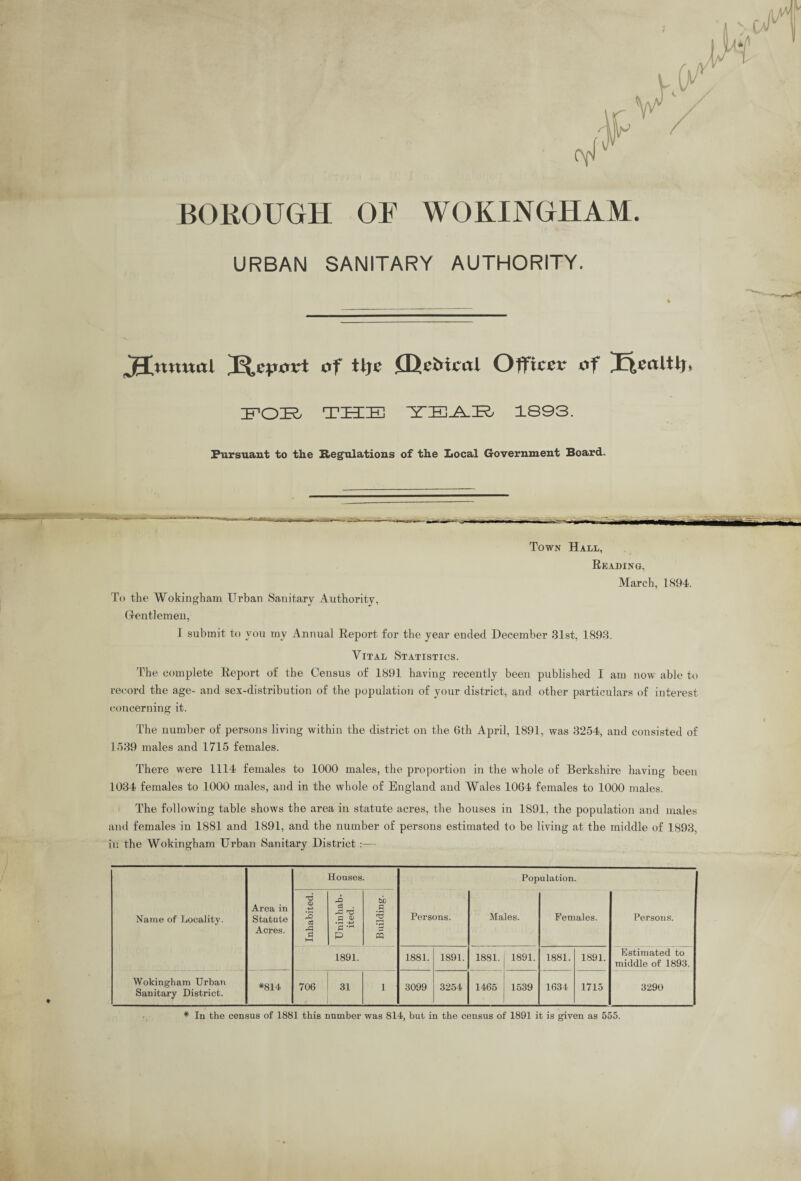 BOROUGH OF WOKINGHAM. URBAN SANITARY AUTHORITY. j0[nnual JLcptfrt of tljc £QcMml Officer of Jicaltff FOR THE YEAR 1893. Pursuant to the Regulations of the Local Government Board. . r.—rnr-r~m~* -^nn-ar— . - - - -, — ' , —-|-iiW— Sm Town Hall, Reading, March, 1894. To the Wokingham Urban Sanitary Authority, Gentlemen, I submit to you my Annual Report for the year ended December 31st, 1893. Vital Statistics. The complete Report of the Census of 1891 having recently been published I am now able to record the age- and sex-distribution of the population of your district, and other particulars of interest concerning it. The number of persons living within the district on the 6th April, 1891, was 3254, and consisted of 1539 males and 1715 females. There were 1114 females to 1000 males, the proportion in the whole of Berkshire having been 1034 females to 1000 males, and in the whole of England and Wales 1064 females to 1000 males. The following table shows the area in statute acres, the houses in 1891, the population and males and females in 1881 and 1891, and the number of persons estimated to be living at the middle of 1893, in the Wokingham Urban Sanitary District :— Houses. Population. Name of Locality. Area in Statute Acres. Inhabited. Uninhab¬ ited. Building. Persons. Males. Females. Persons. 1891. 1881. 1891. 1881. 1891. 1881. 1891. Estimated to middle of 1893. Wokingham Urban Sanitary District. *814 706 31 1 3099 3254 1465 1539 1634 1715 3290 * In the census of 1881 this number was 814, but in the census of 1891 it is given as 555.