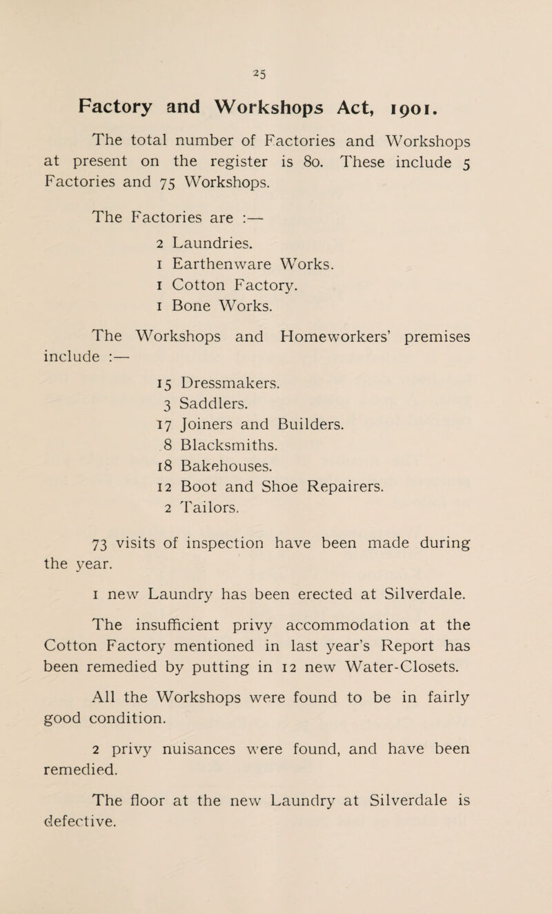 Factory and Workshops Act, 1901. The total number of Factories and Workshops at present on the register is 80. These include 5 Factories and 75 Workshops. The Factories are :— 2 Laundries. 1 Earthenware Works. 1 Cotton Factory. 1 Bone Works. The Workshops and Homeworkers’ premises include :— 15 Dressmakers. 3 Saddlers. 17 Joiners and Builders. 8 Blacksmiths. 18 Bakehouses. 12 Boot and Shoe Repairers. 2 Tailors. 73 visits of inspection have been made during the year. 1 new Laundry has been erected at Silverdale. The insufficient privy accommodation at the Cotton Factory mentioned in last year’s Report has been remedied by putting in 12 new Water-Closets. All the Workshops were found to be in fairly good condition. 2 privy nuisances were found, and have been remedied. The floor at the new Laundry at Silverdale is defective.