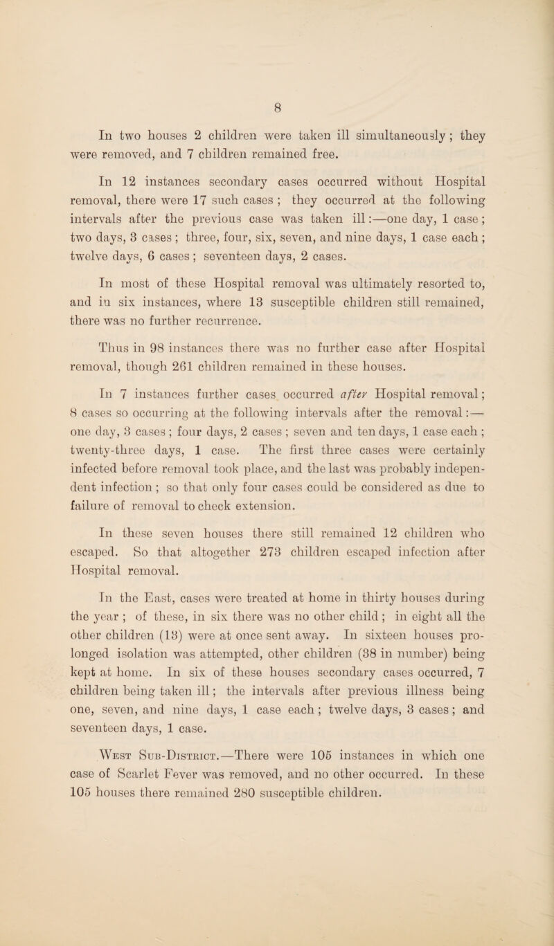 In two houses 2 children were taken ill simultaneously ; they were removed, and 7 children remained free. In 12 instances secondary cases occurred without Hospital removal, there were 17 such cases ; they occurred at the following intervals after the previous case was taken ill:—one day, 1 case; two days, 8 cases ; three, four, six, seven, and nine days, 1 case each ; twelve days, 6 cases; seventeen days, 2 cases. In most of these Hospital removal was ultimately resorted to, and in six instances, where 13 susceptible children still remained, there was no further recurrence. Thus in 98 instances there was no further case after Hospital removal, though 2G1 children remained in these houses. In 7 instances further cases occurred aftcv Hospital removal; 8 cases so occurring at the following intervals after the removal: — one day, 8 cases ; four days, 2 cases ; seven and ten days, 1 case each ; twenty-three days, 1 case. The first three cases were certainly infected before removal took place, and the last was probably indepen¬ dent infection ; so that only four cases could be considered as due to failure of removal to check extension. In these seven houses there still remained 12 children who escaped. So that altogether 273 children escaped infection after Hospital removal. In the East, cases were treated at home in thirty houses during the year ; of these, in six there was no other child; in eight all the other children (18) were at once sent away. In sixteen houses pro¬ longed isolation was attempted, other children (38 in number) being kept at home. In six of these houses secondary cases occurred, 7 children being taken ill; the intervals after previous illness being one, seven, and nine days, 1 case each ; twelve days, 3 cases ; and seventeen days, 1 case. West Sub-District.—There were 105 instances in which one case of Scarlet Fever was removed, and no other occurred. In these 105 houses there remained 280 susceptible children.