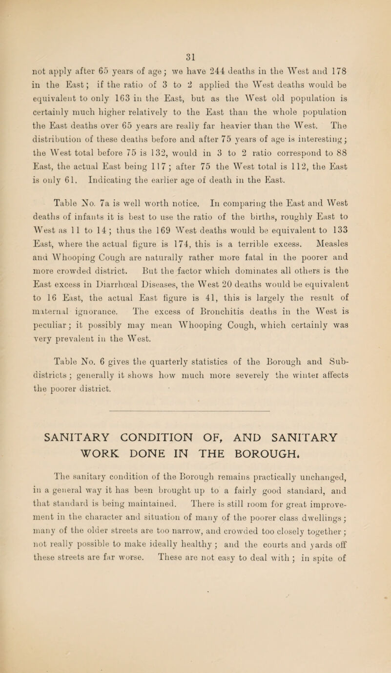 not apply after 65 years of age; we have 244 deaths in the West and 178 in the East; if the ratio of 3 to 2 applied, the West deaths would be equivalent to only 163 in the East, but as the West old population is certainly much higher relatively to the East than the whole population the East deaths over 65 years are really far heavier than the West. The distribution of these deaths before and after 75 years of age is interesting; the West total before 75 is 132, would in 3 to 2 ratio correspond to 88 East, the actual East being 117; after 75 the West total is 112, the East is only 61. Indicating the earlier age of death in the East. Table No. 7a is well worth notice. In comparing the East and West deaths of infants it is best to use the ratio of the births, roughly East to West as 11 to 14; thus the 169 West deaths would be equivalent to 133 East, where the actual figure is 174, this is a terrible excess. Measles and Whooping Cough are naturally rather more fatal in the poorer and more crowded district. But the factor which dominates all others is the East excess in Diarrhceal Diseases, the West 20 deaths would be equivalent to 16 East, the actual East figure is 41, this is largely the result of maternal ignorance. The excess of Bronchitis deaths in the West is peculiar; it possibly may mean Whooping Cough, which certainly was very prevalent in the West. Table No. 6 gives the quarterly statistics of the Borough and Sub¬ districts ; generally it shows how much more severely the winter affects the poorer district. SANITARY CONDITION OF, AND SANITARY WORK DONE IN THE BOROUGH* The sanitary condition of the Borough remains practically unchanged, in a general way it has been brought up to a fairly good standard, and that standard is being maintained. There is still room for great improve¬ ment in the character and situation of many of the poorer class dwellings; many of the older streets are too narrow, and crowded too closely together; not really possible to make ideally healthy; and the courts and yards off these streets are far worse. These are not easy to deal with ; in spite of