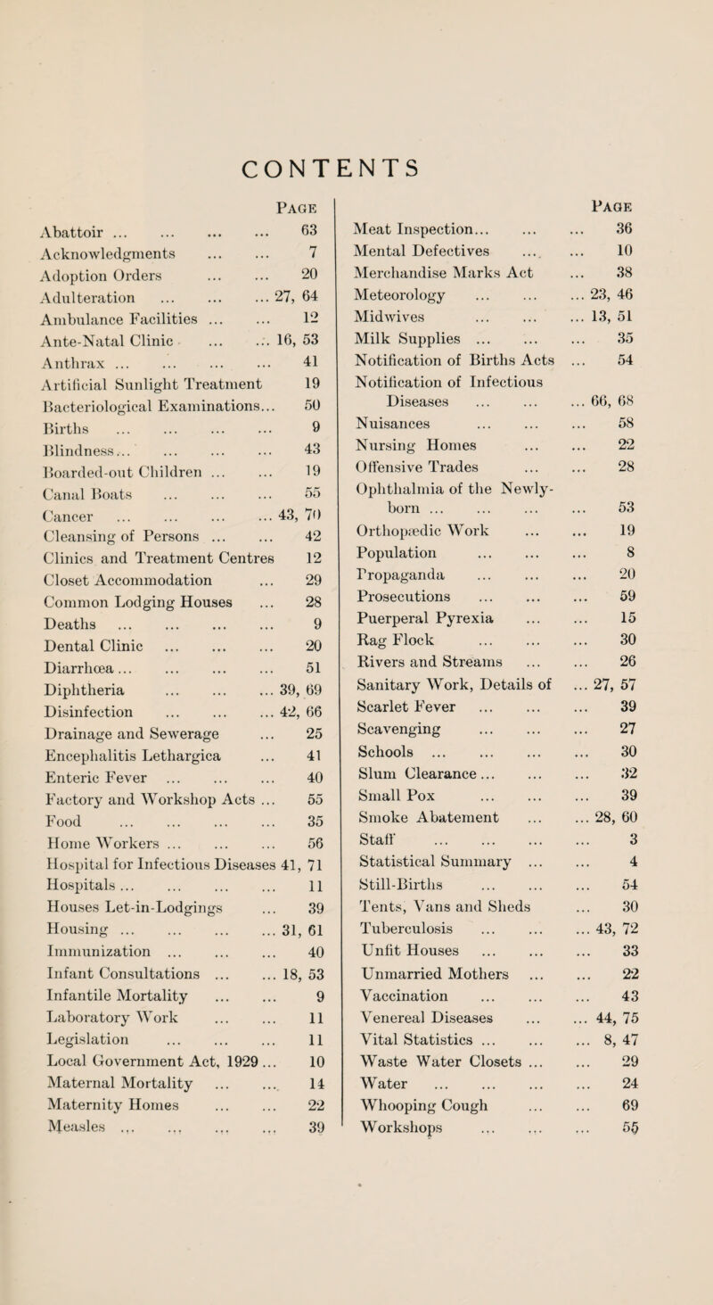 CONTENTS Page Abattoir. 63 Acknowledgments ... ... 7 Adoption Orders ... ... 20 Adulteration ... ... ... 27, 64 Ambulance Facilities. 12 Ante-Natal Clinic ... ... 16, 53 Anthrax ... ... ... ... 41 Artificial Sunlight Treatment 19 Bacteriological Examinations... 50 Births ... ... ... ... 9 Blindness... ... ... ... 43 Boarded-out Children ... ... 19 Canal Boats ... ... ... 55 Cancer ... ... ... ... 43, 70 Cleansing of Persons ... ... 42 Clinics and Treatment Centres 12 Closet Accommodation ... 29 Common Lodging Houses ... 28 Deaths ... ... ... ... 9 Dental Clinic . 20 Diarrhoea... ... ... ... 51 Diphtheria ... ... ... 39, 69 Disinfection ... ... ... 42, 66 Drainage and Sewerage ... 25 Encephalitis Lethargica ... 41 Enteric Fever ... ... ... 40 Factory and Workshop Acts ... 55 Food ... ... ... ... 35 Home Workers ... ... ... 56 Hospital for Infectious Diseases 41, 71 Hospitals... ... ... ... 11 Houses Let-in-Lodgings ... 39 Housing.31, 61 Immunization ... ... ... 40 Infant Consultations ... ... 18, 53 Infantile Mortality . 9 Laboratory Work ... ... 11 Legislation ... ... ... 11 Local Government Act, 1929 ... 10 Maternal Mortality ... ... 14 Maternity Homes ... ... 22 Measles. ... ... 39 Page Meat Inspection... 36 Mental Defectives 10 Merchandise Marks Act 38 Meteorology ... 23, 46 Mid wives ... 13, 51 Milk Supplies . 35 Notification of Births Acts 54 Notification of Infectious Diseases ... 66, 68 Nuisances 58 Nursing Homes 22 Offensive Trades 28 Ophthalmia of the Newly- born ... 53 Orthopaedic Work 19 Population 8 Propaganda 20 Prosecutions 59 Puerperal Pyrexia 15 Rag Flock 30 Rivers and Streams 26 Sanitary Work, Details of ... 27, 57 Scarlet Fever . 39 Scavenging . 27 Schools . 30 Slum Clearance. 32 Small Pox 39 Smoke Abatement ... 28, 60 Staff . 3 Statistical Summary ... 4 Still-Births 54 Tents, Vans and Sheds 30 Tuberculosis ... 43, 72 Unfit Houses 33 Unmarried Mothers 22 Vaccination . 43 Venereal Diseases ... 44, 75 Vital Statistics. ... 8, 47 Waste Water Closets ... 29 Water 24 Whooping Cough 69 Workshops ... ... 55