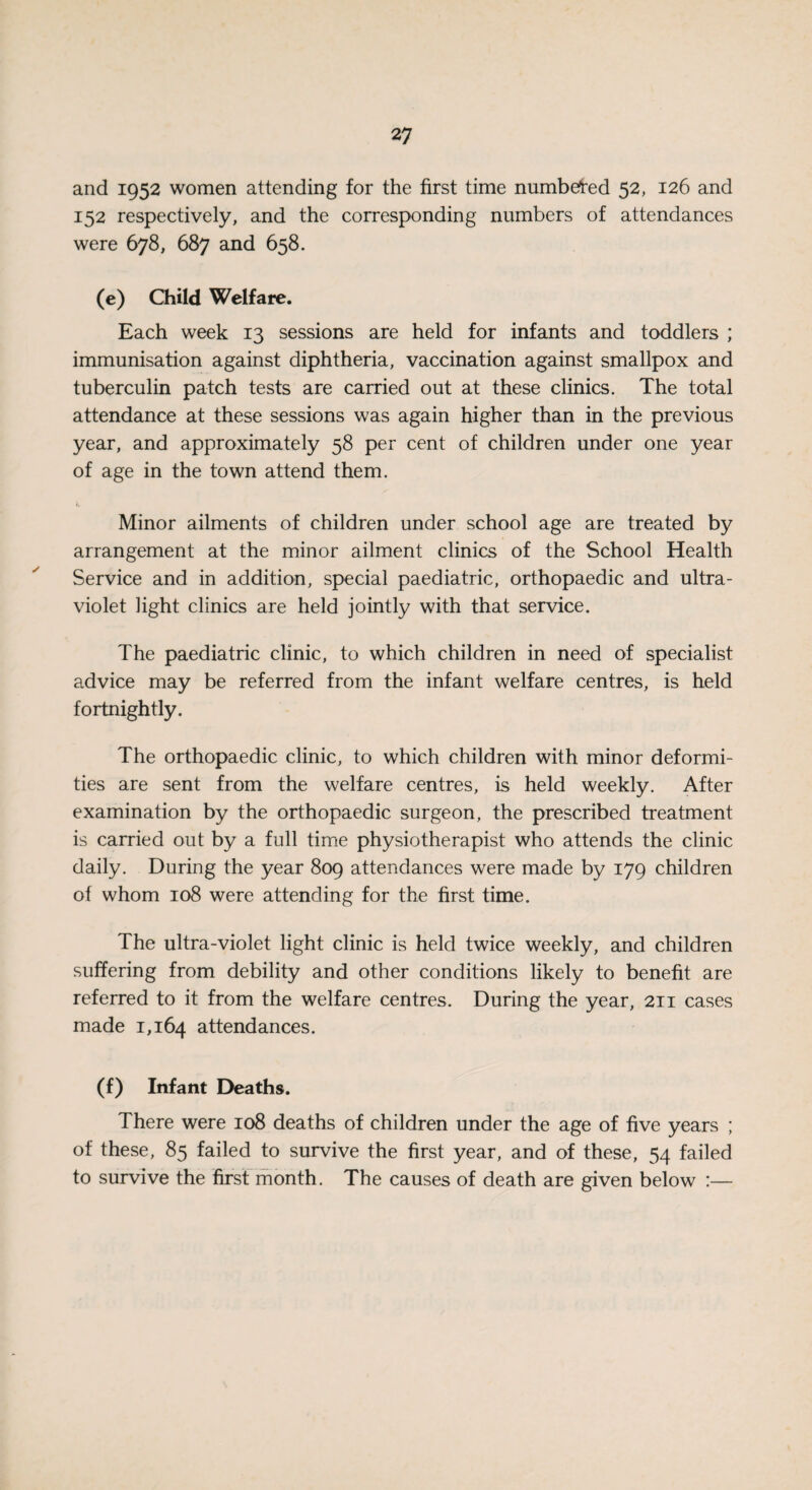 and 1952 women attending for the first time numbered 52, 126 and 152 respectively, and the corresponding numbers of attendances were 678, 687 and 658. (e) Child Welfare. Each week 13 sessions are held for infants and toddlers ; immunisation against diphtheria, vaccination against smallpox and tuberculin patch tests are carried out at these clinics. The total attendance at these sessions was again higher than in the previous year, and approximately 58 per cent of children under one year of age in the town attend them. Minor ailments of children under school age are treated by arrangement at the minor ailment clinics of the School Health Service and in addition, special paediatric, orthopaedic and ultra¬ violet light clinics are held jointly with that service. The paediatric clinic, to which children in need of specialist advice may be referred from the infant welfare centres, is held fortnightly. The orthopaedic clinic, to which children with minor deformi¬ ties are sent from the welfare centres, is held weekly. After examination by the orthopaedic surgeon, the prescribed treatment is carried out by a full time physiotherapist who attends the clinic daily. During the year 809 attendances were made by 179 children of whom 108 were attending for the first time. The ultra-violet light clinic is held twice weekly, and children suffering from debility and other conditions likely to benefit are referred to it from the welfare centres. During the year, 211 cases made 1,164 attendances. (f) Infant Deaths. There were 108 deaths of children under the age of five years ; of these, 85 failed to survive the first year, and of these, 54 failed to survive the first month. The causes of death are given below :—