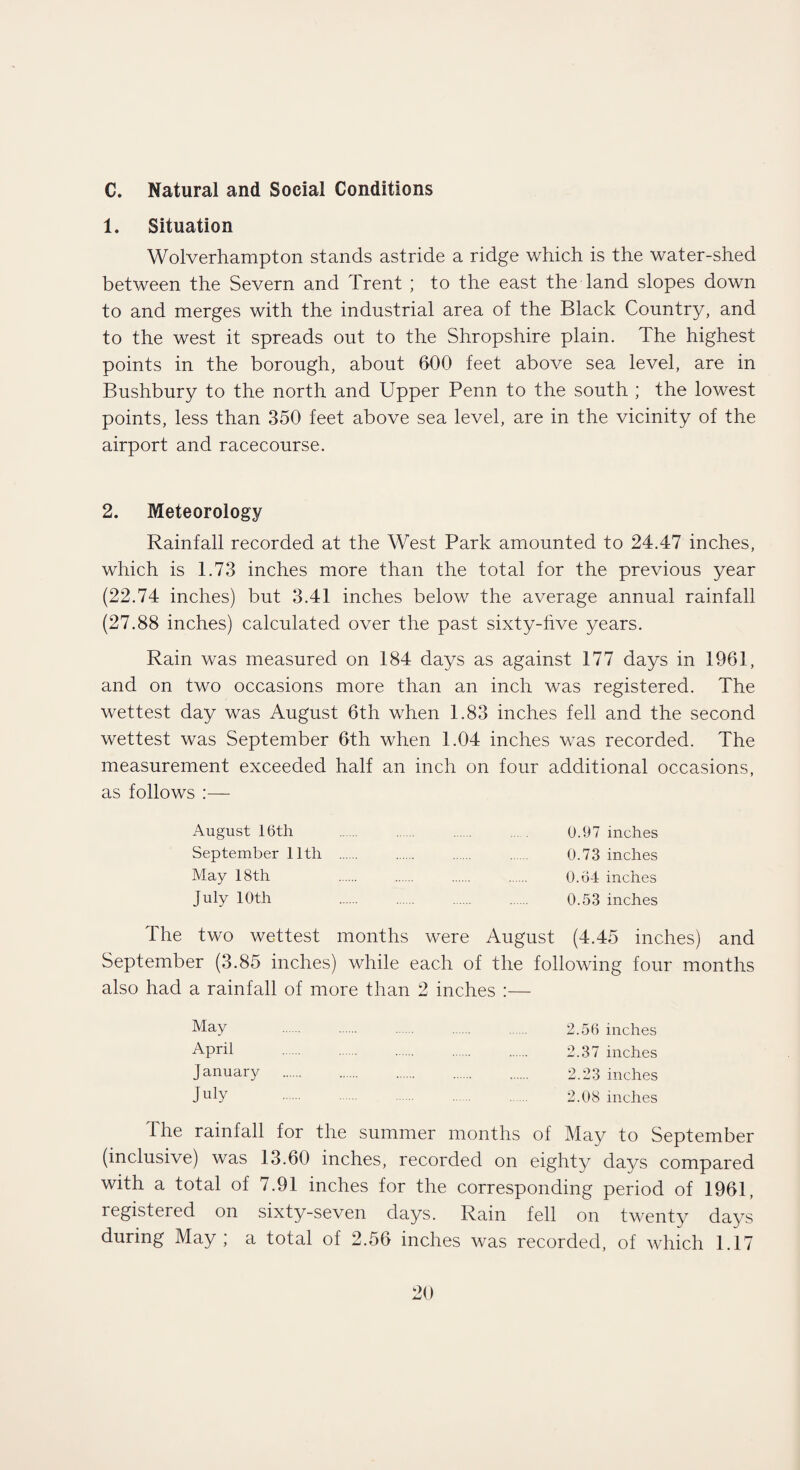 C. Natural and Social Conditions 1. Situation Wolverhampton stands astride a ridge which is the water-shed between the Severn and Trent ; to the east the land slopes down to and merges with the industrial area of the Black Country, and to the west it spreads out to the Shropshire plain. The highest points in the borough, about 600 feet above sea level, are in Bushbury to the north and Upper Penn to the south ; the lowest points, less than 350 feet above sea level, are in the vicinity of the airport and racecourse. 2. Meteorology Rainfall recorded at the West Park amounted to 24.47 inches, which is 1.73 inches more than the total for the previous year (22.74 inches) but 3.41 inches below the average annual rainfall (27.88 inches) calculated over the past sixty-five years. Rain was measured on 184 days as against 177 days in 1961, and on two occasions more than an inch was registered. The wettest day was August 6th when 1.83 inches fell and the second wettest was September 6th when 1.04 inches was recorded. The measurement exceeded half an inch on four additional occasions, as follows August I6tli September 11th May 18th July 10th 0.97 inches 0.73 inches 0.64 inches 0.53 inches The two wettest months were August (4.45 inches) and September (3.85 inches) while each of the following four months also had a rainfall of more than 2 inches :— May April J anuary July 2.56 inches 2.37 inches 2.23 inches 2.08 inches Ihe rainfall for the summer months of May to September (inclusive) was 13.60 inches, recorded on eighty days compared with a total of 7.91 inches for the corresponding period of 1961, legistered on sixty-seven days. Rain fell on twenty days during May ; a total of 2.56 inches was recorded, of which 1.17