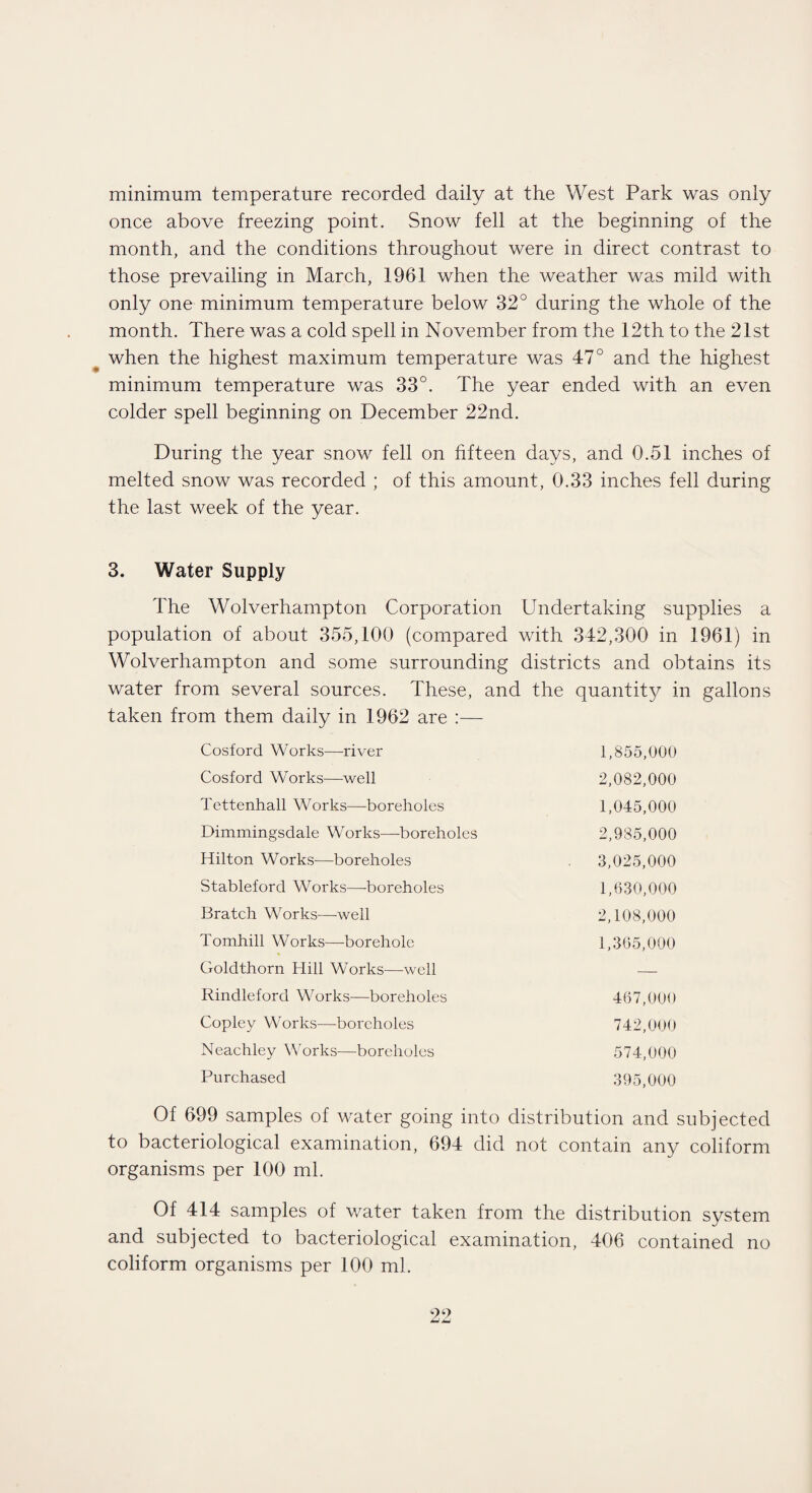 minimum temperature recorded daily at the West Park was only once above freezing point. Snow fell at the beginning of the month, and the conditions throughout were in direct contrast to those prevailing in March, 1961 when the weather was mild with only one minimum temperature below 32° during the whole of the month. There was a cold spell in November from the 12th to the 21st ^ when the highest maximum temperature was 47° and the highest minimum temperature was 33°. The year ended with an even colder spell beginning on December 22nd. During the year snow fell on fifteen days, and 0.51 inches of melted snow was recorded ; of this amount, 0.33 inches fell during the last week of the year. 3. Water Supply The Wolverhampton Corporation Undertaking supplies a population of about 355,100 (compared with 342,300 in 1961) in Wolverhampton and some surrounding districts and obtains its water from several sources. These, and the quantity in gallons taken from them daily in 1962 are :— Cosford Works—river 1,855,000 Cosford Works—well 2,082,000 Tettenhall Works—boreholes 1,045,000 Dimmingsdale Works—boreholes 2,935,000 Hilton Works—boreholes 3,025,000 Stableford Works—-boreholes 1,630,000 Bratch Works—well 2,108,000 Tomhill Works-—-borehole 1,365,000 Goldthorn Hill Works—well — Rindleford Works—boreholes 467,000 Copley Works—boreholes 742,000 Neachley Works—boreholes 574,000 Purchased 395,000 Of 699 samples of water going into distribution and subjected to bacteriological examination, 694 did not contain any coliform organisms per 100 ml. Of 414 samples of water taken from the distribution system and subjected to bacteriological examination, 406 contained no coliform organisms per 100 ml. 29 Jmi