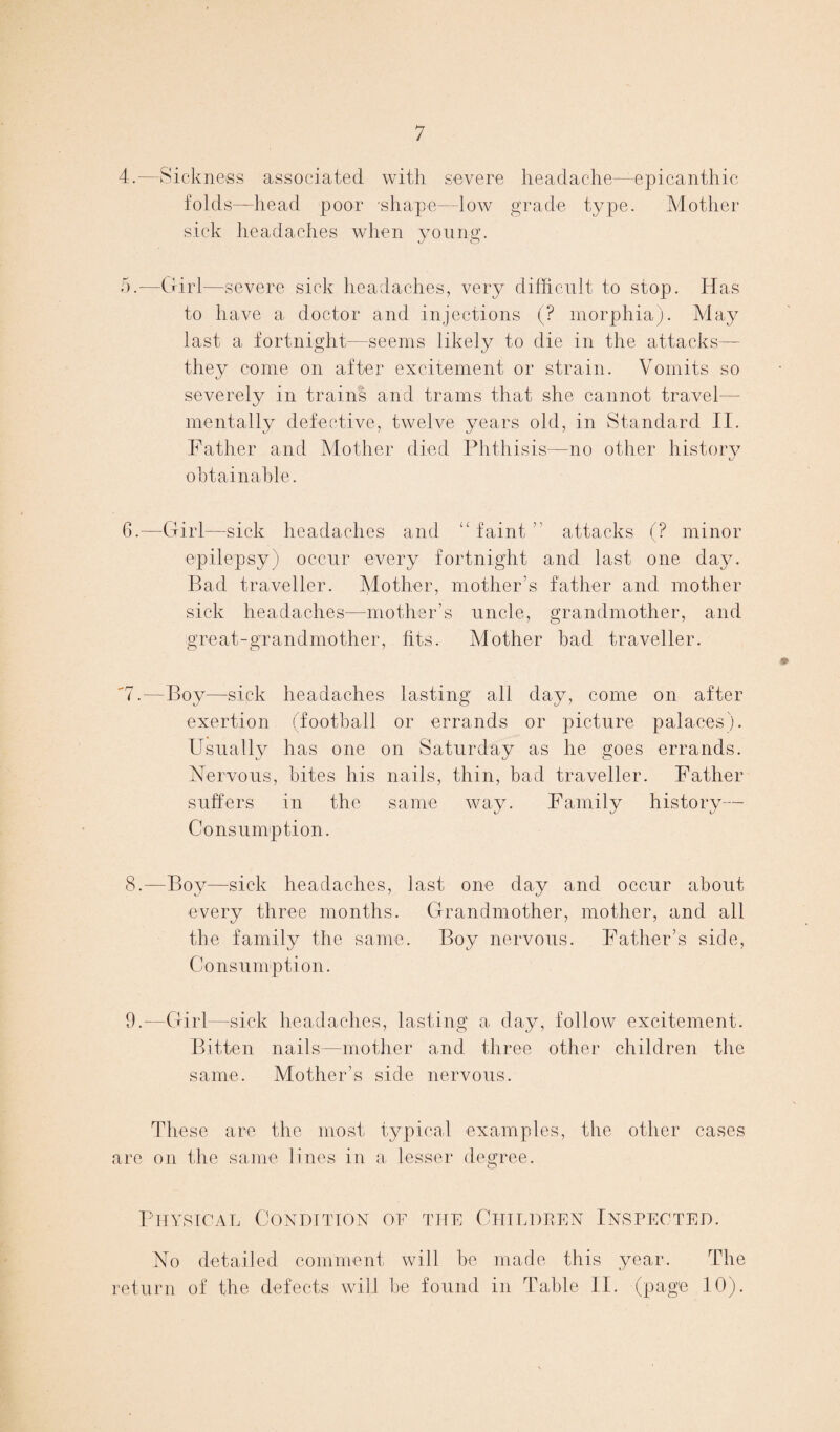 4.—Sickness associated with severe headache—epicanthic folds—head poor shape—low grade type. Mother sick headaches when young. o.-—Girl—severe sick headaches, very difficult to stop. Has to have a doctor and injections (? morphia). May last a fortnight—seems likely to die in the attacks— they come on after excitement or strain. Vomits so severely in trains and trams that she cannot travel— mentally defective, twelve years old, in Standard II. Father and Mother died Phthisis—no other history o' obtainable. t).—Girl—sick headaches and ‘Maint ” attacks (? minor epilepsy) occur every fortnight and last one day. Bad traveller. Mother, mother’s father and mother sick headaches—mother’s uncle, grandmother, and great-grandmother, fits. Mother bad traveller. '7.—Boy—sick headaches lasting all day, come on after exertion (football or errands or picture palaces). Usuall}^ has one on Saturday as he goes errands. Nervous, bites his nails, thin, bad traveller. Father suffers in the same way. Family history— Consumption. 8.—Boy—sick headaches, last one day and occur about every three months. Grandmother, mother, and all the family the same. Boy nervous. Father’s side. Consumption. 9.—Girl—sick headaches, lasting a day, follow excitement. Bitten nails—mother and three other children the same. Mother’s side nervous. These are the most typical examples, the other cases are on the same lines in a, lesser degree. Physical Condition of the Ctiildeen Inspected. No detailed comment will he made this year. The return of the defects will he found in Table II. (page 10).