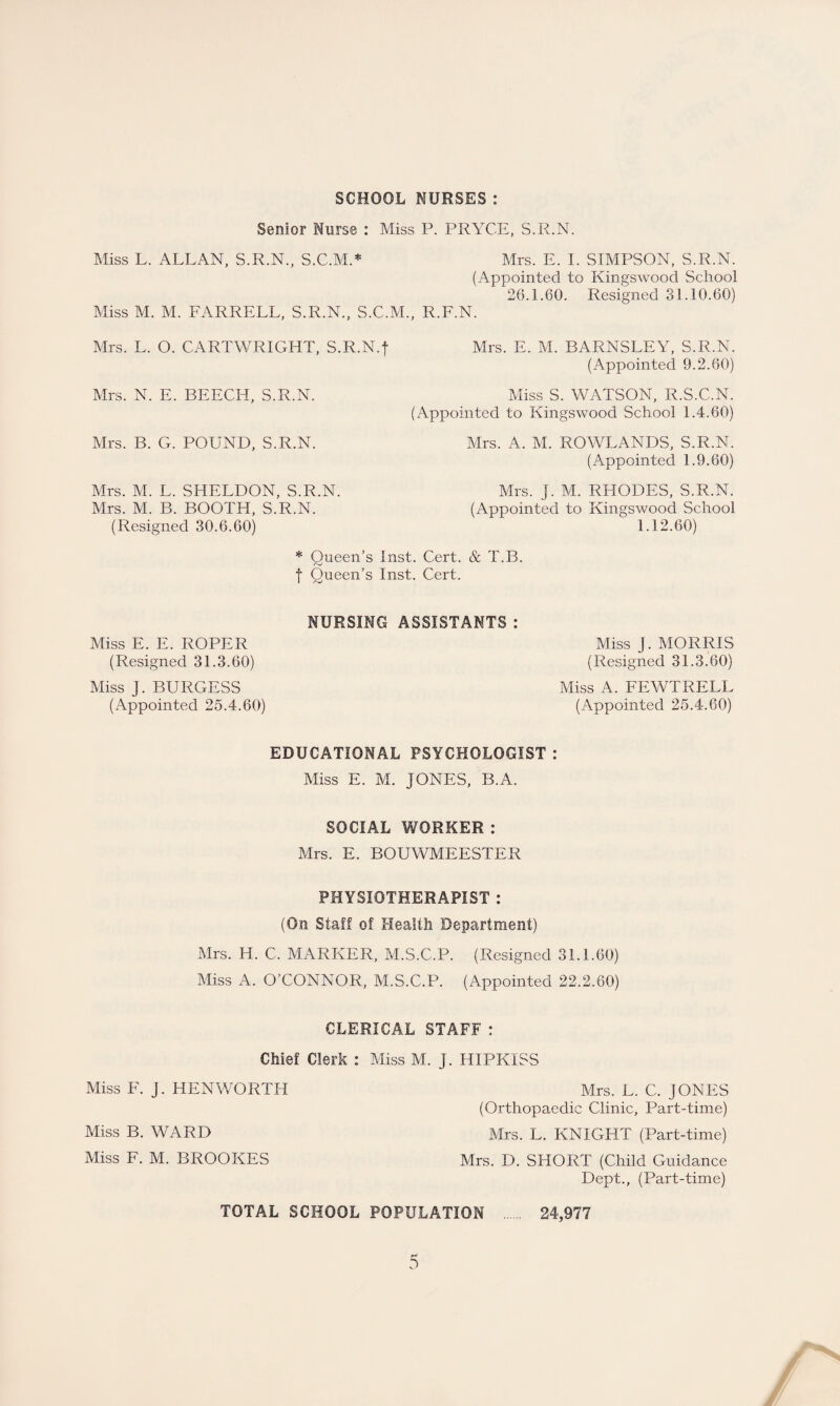 SCHOOL NURSES: Senior Nurse : Miss P. PRYCE, S.R.N. Miss L. ALLAN, S.R.N., S.C.M.* Mrs. E. I. SIMPSON, S.R.N. (Appointed to Kingswood School 26.1.60. Resigned 31.10.60) Miss M. M. EARRELL. S.R.N.. S.C.M.. R.F.N. Mrs. L. O. CARTWRIGHT, S.R.N.f Mrs. N. E. BEECH, S.R.N. Mrs. B. G. POUND, S.R.N. Mrs. M. L. SHELDON, S.R.N. Mrs. M. B. BOOTH, S.R.N. (Resigned 30.6.60) Mrs. E. M. BARNSLEY, S.R.N. (Appointed 9.2.60) Miss S. WATSON, R.S.C.N. (Appointed to Kingswood School 1.4.60) Mrs. A. M. ROWLANDS, S.R.N. (Appointed 1.9.60) Mrs. J. M. RHODES, S.R.N. (Appointed to Kingswood School 1.12.60) * Queen’s Inst. Cert. & T.B. f Queen’s Inst. Cert. Miss E. E. ROPER (Resigned 31.3.60) Miss J. BURGESS (Appointed 25.4.60) NURSING ASSISTANTS : Miss J. MORRIS (Resigned 31.3.60) Miss A. FEWTRELL (Appointed 25.4.60) EDUCATIONAL PSYCHOLOGIST : Miss E. M. JONES, B.A. SOCIAL WORKER : Mrs. E. BOUWMEESTER PHYSIOTHERAPIST : (On Staff of Health Department) Mrs. H. C. MARKER, M.S.C.P. (Resigned 31.1.60) Miss A. O’CONNOR, M.S.C.P. (Appointed 22.2.60) CLERICAL STAFF : Chief Clerk : Miss M. J. HIPKISS Miss E. J. HENWORTIT Mrs. L. C. JONES (Orthopaedic Clinic, Part-time) Miss B. WARD Mrs. L. KNIGHT (Part-time) Miss F. M. BROOKES Mrs. D. SHORT (Child Guidance Dept., (Part-time) TOTAL SCHOOL POPULATION . 24,977