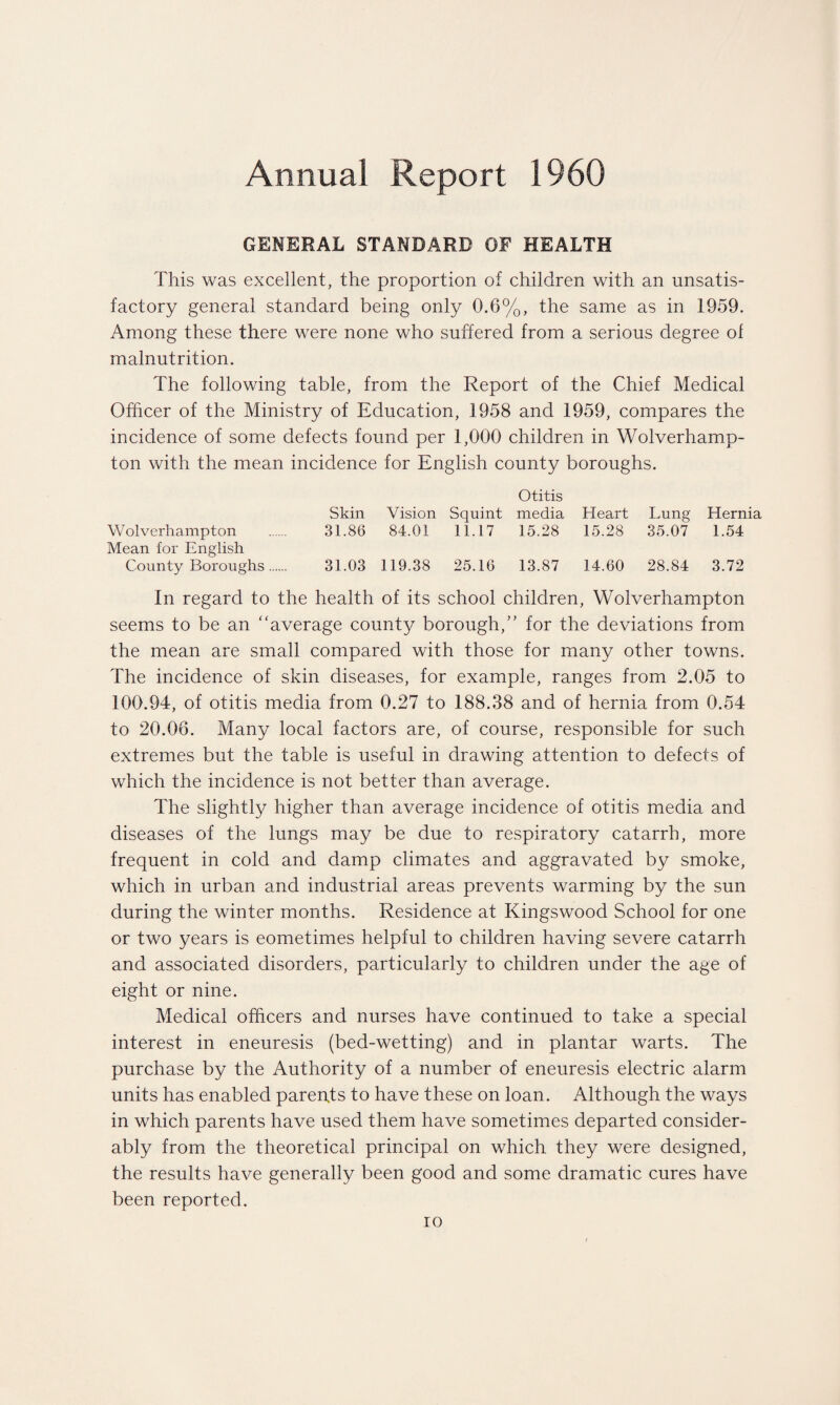 Annual Report 1960 GENERAL STANDARD OF HEALTH This was excellent, the proportion of children with an unsatis¬ factory general standard being only 0.6%, the same as in 1959. Among these there were none who suffered from a serious degree of malnutrition. The following table, from the Report of the Chief Medical Officer of the Ministry of Education, 1958 and 1959, compares the incidence of some defects found per 1,000 children in Wolverhamp¬ ton with the mean incidence for English county boroughs. Otitis Skin Vision Squint media Heart Lung Hernia Wolverhampton . 31.86 84.01 11.17 15.28 15.28 35.07 1.54 Mean for English County Boroughs. 31.03 119.38 25.16 13.87 14.60 28.84 3.72 In regard to the health of its school children, Wolverhampton seems to be an “average county borough,” for the deviations from the mean are small compared with those for many other towns. The incidence of skin diseases, for example, ranges from 2.05 to 100.94, of otitis media from 0.27 to 188.38 and of hernia from 0.54 to 20.06. Many local factors are, of course, responsible for such extremes but the table is useful in drawing attention to defects of which the incidence is not better than average. The slightly higher than average incidence of otitis media and diseases of the lungs may be due to respiratory catarrh, more frequent in cold and damp climates and aggravated by smoke, which in urban and industrial areas prevents warming by the sun during the winter months. Residence at Kingswood School for one or two years is eometimes helpful to children having severe catarrh and associated disorders, particularly to children under the age of eight or nine. Medical officers and nurses have continued to take a special interest in eneuresis (bed-wetting) and in plantar warts. The purchase by the Authority of a number of eneuresis electric alarm units has enabled parents to have these on loan. Although the ways in which parents have used them have sometimes departed consider¬ ably from the theoretical principal on which they were designed, the results have generally been good and some dramatic cures have been reported. io