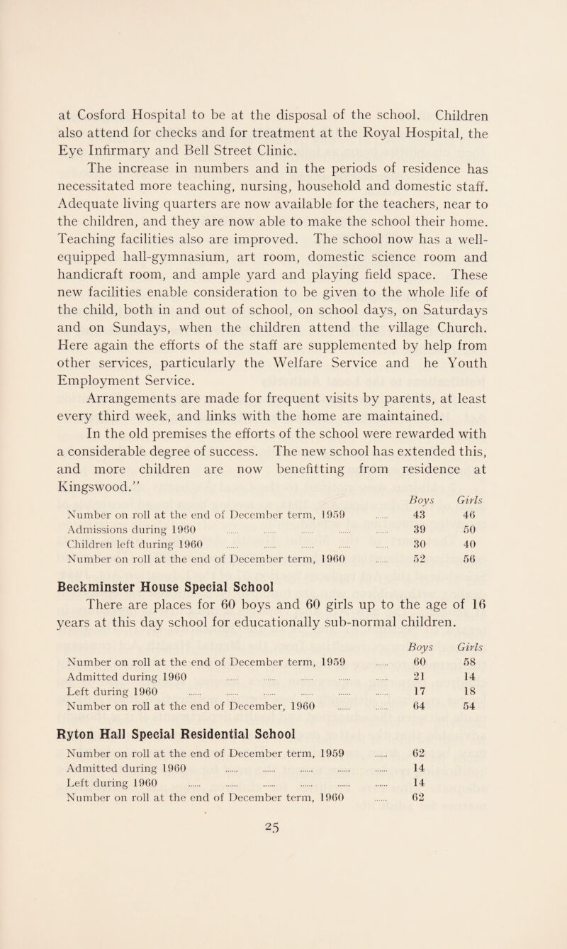 at Cosford Hospital to be at the disposal of the school. Children also attend for checks and for treatment at the Royal Hospital, the Eye Infirmary and Bell Street Clinic. The increase in numbers and in the periods of residence has necessitated more teaching, nursing, household and domestic staff. Adequate living quarters are now available for the teachers, near to the children, and they are now able to make the school their home. Teaching facilities also are improved. The school now has a well- equipped hall-gymnasium, art room, domestic science room and handicraft room, and ample yard and playing field space. These new facilities enable consideration to be given to the whole life of the child, both in and out of school, on school days, on Saturdays and on Sundays, when the children attend the village Church. Here again the efforts of the staff are supplemented by help from other services, particularly the Welfare Service and he Youth Employment Service. Arrangements are made for frequent visits by parents, at least every third week, and links with the home are maintained. In the old premises the efforts of the school were rewarded with a considerable degree of success. The new school has extended this, and more children are now benefitting from residence at Kingswood.” Boys Girls Number on roll at the end of December term, 1959 43 46 Admissions during 1960 . . . . . 39 50 Children left during 1960 . . . . . 30 40 Number on roll at the end of December term, 1960 52 56 Beekminster House Special School There are places for 60 boys and 60 girls up to the age of 16 years at this day school for educationally sub-normal children. Boys Girls Number on roll at the end of December term, 1959 60 58 Admitted during 1960 . . . . . 21 14 Left during 1960 17 18 Number on roll at the end of December, 1960 64 54 Ryton Hall Special Residential School Number on roll at the end of December term, 1959 . 62 Admitted during 1960 . . . . . 14 Left during 1960 . . . . . . 14 Number on roll at the end of December term, 1960 . 62