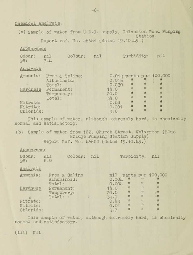 -6- Chemical Analysis. (a) Sample of water from U.D.C. supply, Calverton Road Pumping Station. Report ref. No. 46681 (dated 19-10.49•) Appearance Odour: nil Colour: nil Turbidity: nil PH: 7-4 Ammonia: Free & Saline: 0.014 parts per 100,000 Albuminoid; 0.016  u t» A Total: 0.030 u “ if pardness Permanent: 14-0 » » Temporary: 20.0 w u It Total: 34-0 u  It Nitrate: 0.88  ” If Nitrite: 0.001 » w It Chloride: 3.0  11 It This sample of water, although extremely hard; is chemically normal and satisfactory. (b) Sample of water from 122; Church Street, Wolverton (Blue Bridge Pumping Station Supply) Report Ref. No. 46682 (dated 19*10.49.) Appearance Odour: nil pH: 8.0 Analysis Ammonia: Colour: nil Hardness Nitrate: Nitrite: Chloride: Free & Saline Alnuminoid: Total: Permanent: Temporary: Total: \ Turbidity: nil nil parts per 100,000 0.004 0.004 14.0 20.0 34-0 0.43 0.01 3-7 This sample of water, although extremely hard, is chemically normal and satisfactory.