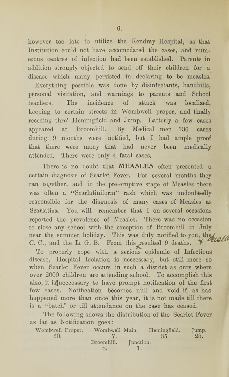 however too late to utilize the Kendray Hospital, as that Institution could not have accomodated the cases, and num¬ erous centres of infection had been established. Parents in addition strongly objected to send off their children for a disease which many persisted in declaring to be measles. Everything possible was done by disinfectants, handbills, personal visitation, and warnings to parents and School teachers. The incidence of attack was localized, keeping to certain streets in Wombwell proper, and finally receding thro’ Hemingfield and Jump. Latterly a few cases appeared at Broomhill. By Medical men 186 cases during 9 months were notified, but I had ample proof that there were many that had never been medically attended. There were only 4 fatal cases. There is no doubt that MEASLES often presented a certain diagnosis of Scarlet Fever. For several months they ran together, and in the pre-eruptive stage of Measles there was often a “Scarlatiniform” rash which was undoubtedly responsible for the diagnosis of many cases of Measles as Scarlatina. You will remember that I on several occasions reported the prevalence of Measles. There was no occasion to close any school with the exception of Broomhill in July near the summer holiday. This was duly notified to you, the, C. C., and the L. G. B. From this resulted 9 deaths. Y To properly cope with a serious epidemic of Infectious disease, Hospital Isolation is neccessary, but still more so when Scarlet Fever occurs in such a district as ours where over 2000 children are attending school. To accomplish this also, it is|neccessary to have prompt notification of the first few cases. Notification becomes null and void if, as has happened more than once this year, it is not made till there is a “batch” or till attendance on the case has ceased. The following shows the distribution of the Scarlet Fever as far as Notification goes : Wombwell Proper. Wombwell Main. Hemingfield. Jump. 60. 7. 35. 25. Broomhill. Junction. 8. 1.