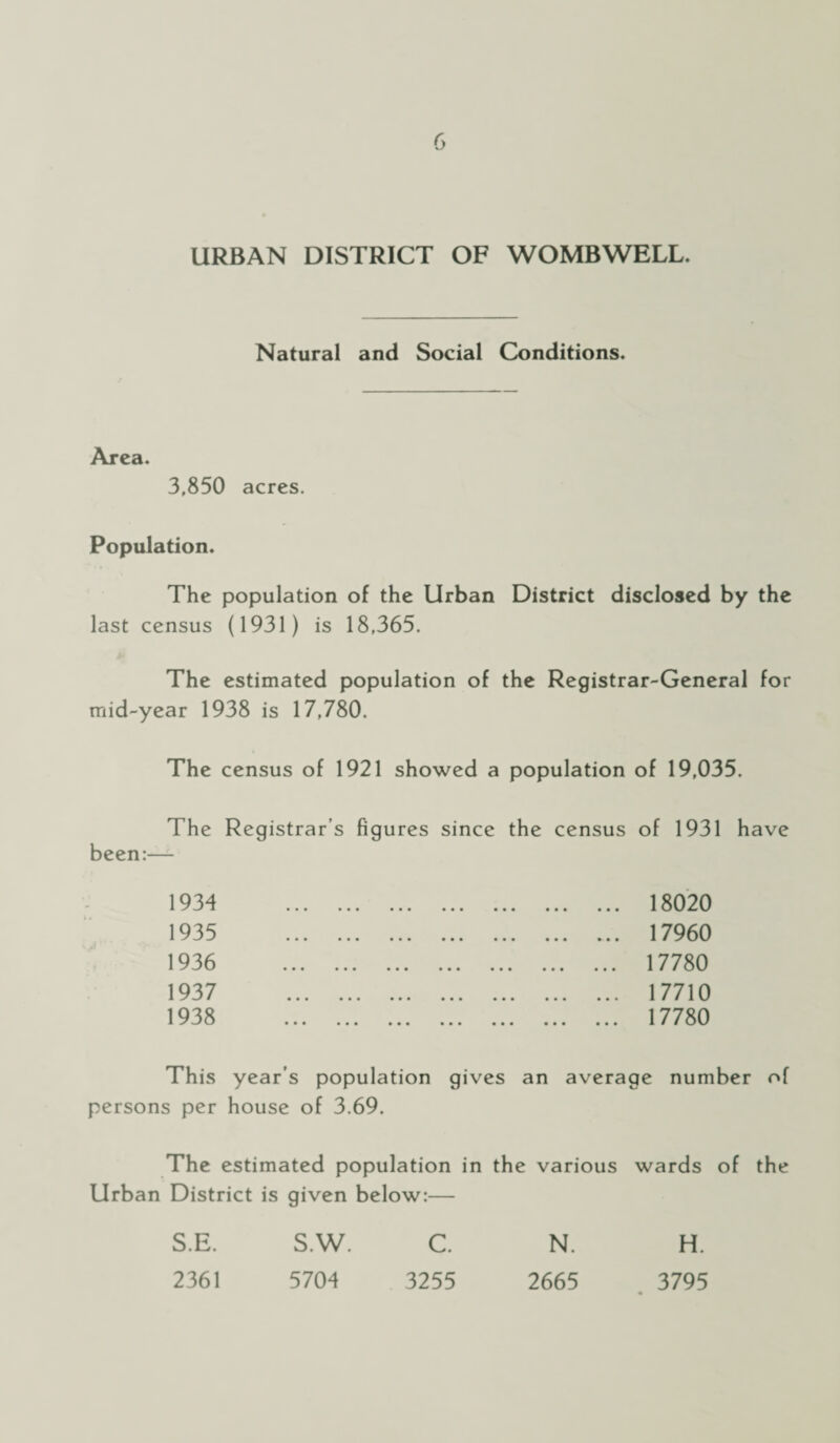 Natural and Social Conditions. Area. 3,850 acres. Population. The population of the Urban District disclosed by the last census (1931) is 18,365. The estimated population of the Registrar-General for mid-year 1938 is 17,780. The census of 1921 showed a population of 19,035. The Registrar s figures since the census of 1931 have been:— 1934 1935 1936 1937 1938 18020 17960 17780 17710 17780 This year’s population gives an average number of persons per house of 3.69. The estimated population in the various wards of the Urban District is given below:— S.E. S.W. C. N. H. 2361 5704 3255 2665 . 3795