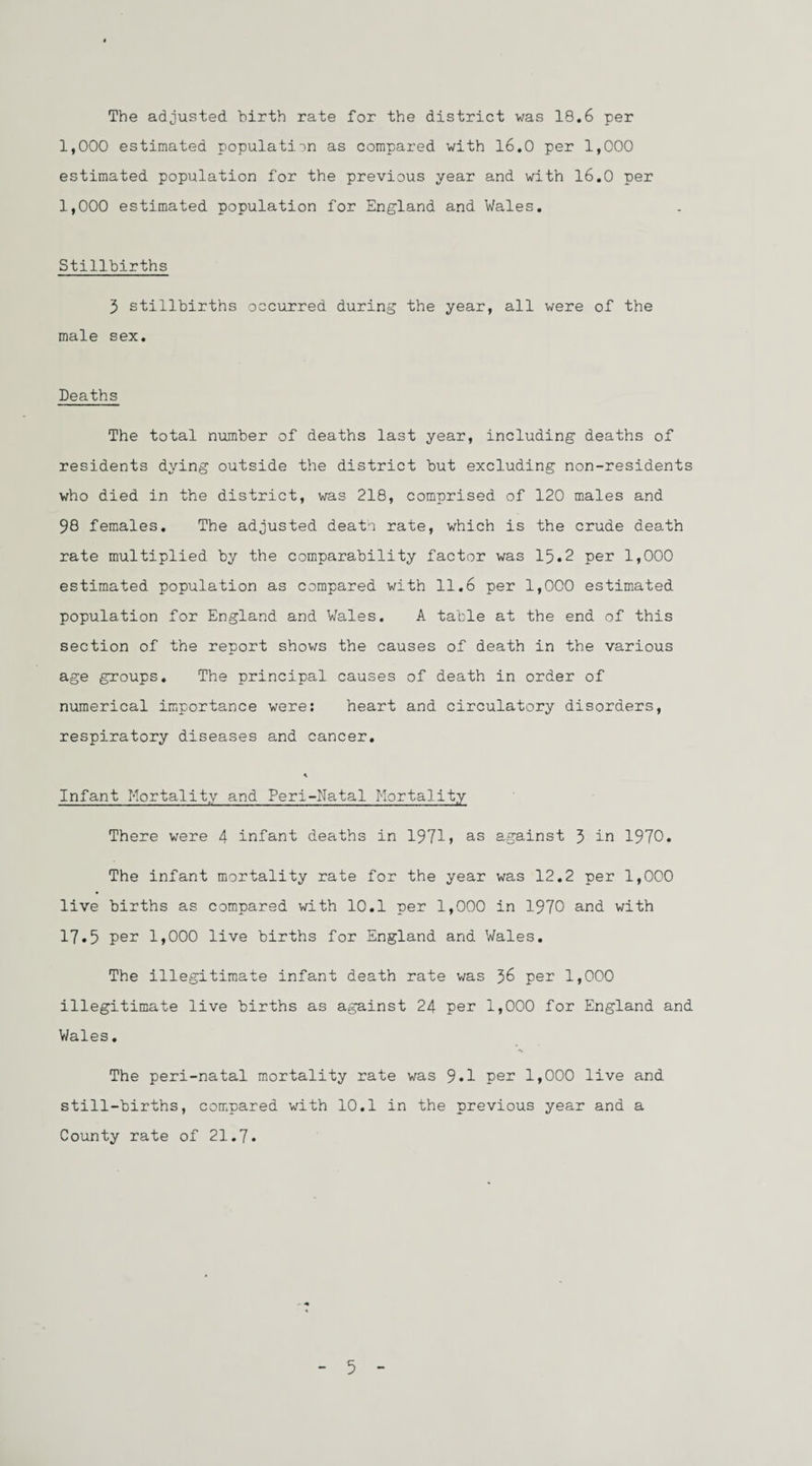 The adjusted birth rate for the district was 18.6 per 1,000 estimated population as compared with 16.0 per 1,000 estimated population for the previous year and with 16.0 per 1,000 estimated population for England and Wales. Stillbirths 3 stillbirths occurred during the year, all were of the male sex. Deaths The total number of deaths last year, including deaths of residents dying outside the district but excluding non-residents who died in the district, was 218, comprised of 120 males and 98 females. The adjusted deatn rate, which is the crude death rate multiplied by the comparability factor was 15.2 per 1,000 estimated population as compared with 11.6 per 1,000 estimated population for England and Wales. A table at the end of this section of the report shows the causes of death in the various age groups. The principal causes of death in order of numerical importance were: heart and circulatory disorders, respiratory diseases and cancer. Infant Mortality and Peri-Natal Mortality There were 4 infant deaths in 1971» as against 3 in 1970. The infant mortality rate for the year was 12.2 per 1,000 live births as compared with 10.1 per 1,000 in 1970 and with 17.5 per 1,000 live births for England and Wales. The illegitimate infant death rate was 36 per 1,000 illegitimate live births as against 24 per 1,000 for England and V/ ales. *» The peri-natal mortality rate was 9*1 per 1,000 live and still-births, compared with 10.1 in the previous year and a County rate of 21.7. 5