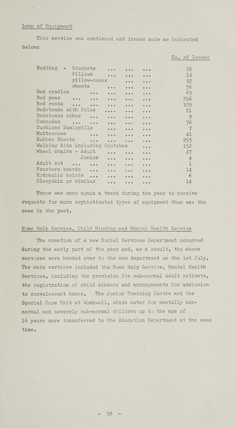 Loan of Equipment This service was continued and issues made as indicated below: No. of Issues Bedding - blankets • • • 16 Pillows 14 pillow-cases 32 sheets 56 Bed cradles 65 Bed pans . 256 Bed rests . 109 Bedsteads with Poles • • • • 21 Bedsteads other 9 Commodes . 76 Cushions Dunlopillo 7 Mattresses 41 Rubber Sheets 293 Walking Aids including Crutches 152 Wheel chairs - Adult 47 Junior 4 Adult cot . 1 Fracture boards 14 Hydraulic hoists ... 6 Sleepskin or similar 14 There was once again a trend during the year to receive requests for more sophisticated types of equipment than was the case in the past. Home Help Service, Child Minding and Mental Health Service The creation of a new Social Services Department occurred during the early part of the year and, as a result, the above services were handed over to the new department on the 1st July. The main services included the Home Help Service, Mental Health Services, including the provision for sub-normal adult patients, the registration of child minders and arrangements for admission to convalescent homes. The Junior Training Centre and the Special Care Unit at Wombwell, which cater for mentally sub¬ normal and severely sub-normal children up to the age of 16 years were transferred to the Education Department at the same time. 56