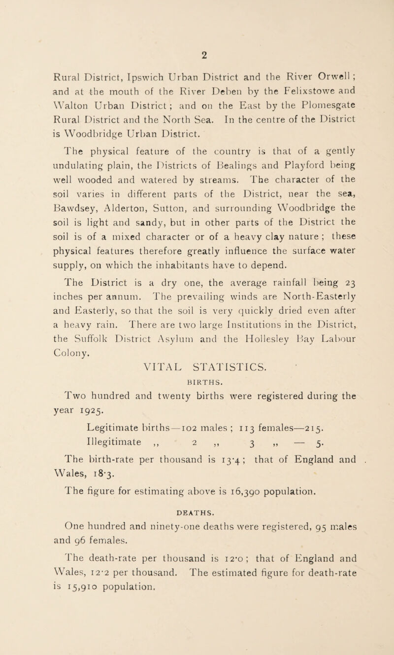 Rural District, Ipswich Urban District and the River Orwell ; and at the mouth of the River Deben by the Felixstowe and Walton Urban District ; and on the East by the Plomesgate Rural District and the North Sea. In the centre of the District is Woodbridge Urban District. The physical feature of the country is that of a gently undulating plain, the Districts of Dealings and Playford being well wooded and watered by streams. The character of the soil varies in different parts of the District, near the sea, Bawdsey, iMderton, Sutton, and surrounding Woodbridge the soil is light and sandy, but in other parts of the District the soil is of a mixed character or of a heavy clay nature ; these physical features therefore greatly influence the surface water supply, on which the inhabitants have to depend. The District is a dry one, the average rainfall being 23 inches per annum. The prevailing winds are North-Easterly and Easterly, so that the soil is very quickly dried even after a heavy rain. There are two large Institutions in the District, the Suffolk District Asylum and the Hollesley Hay Labour Colony. VITAL STATISTICS. BIRTHS. Two hundred and twenty births were registered during the year 1925. Legitimate births —102 males ; 113 females—215. Illegitimate ,, 2 ,, 3 »> — 5- The birth-rate per thousand is i3‘4; that of England and Wales, 18*3. The figure for estimating above is 16,390 population. DEATHS. One hundred and ninety-one deaths were registered, 95 males and 96 females. The death-rate per thousand is 12*0 ; that of England and Wales, 12-2 per thousand. The estimated figure for death-rate is 15,910 population,