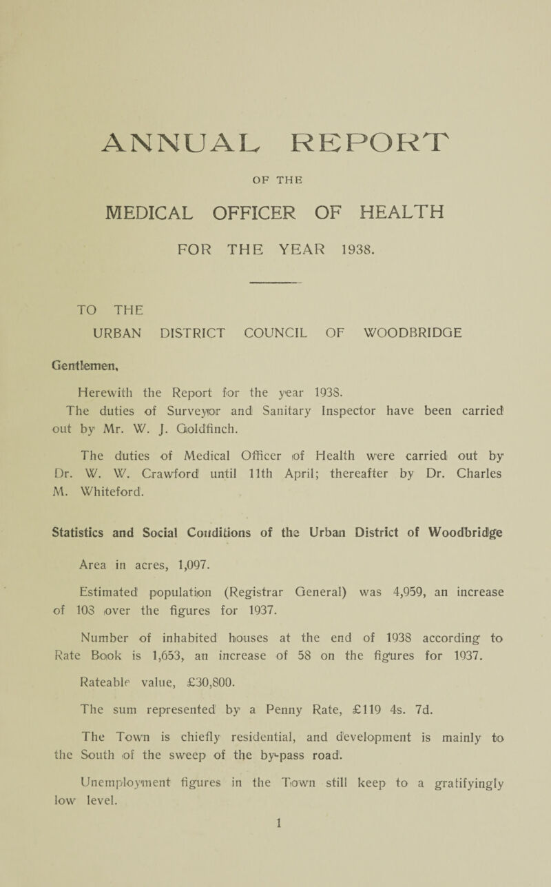 ANNUAL REPORT OF THE MEDICAL OFFICER OF HEALTH FOR THE YEAR 1938. TO THE URBAN DISTRICT COUNCIL OF WOODBRIDGE Gentlemen, Herewith the Report for the year 1938. The duties of Surveyor and Sanitary Inspector have been carried out by Mr. W. J. Goldfinch. The duties of Medical Officer iof Health were carried out by Dr. W. W. Crawford1 until 11th April; thereafter by Dr. Charles M. Whiteford. Statistics and Social Conditions of the Urban District of Woo db ridge Area in acres, 1,097. Estimated population (Registrar General) was 4,959, an increase of 103 over the figures for 1937. Number of inhabited houses at the end of 1938 according to Rate Book is 1,653, an increase of 58 on the figures for 1937. Rateable value, £30,800. The sum represented by a Penny Rate, £119 4s. 7d. The Town is chiefly residential, and development is mainly to the South of the sweep of the by-pass road. Unemployment figures in the Town still keep to a gratifyingly low level.