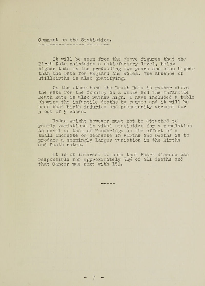 Comment on the Statistics, It will he seen from the above figures that the Birth Rate maintains a satisfactory level, being higher than in the precluding two years and also higher than the rate for England and Wales, The absence of Stillbirths is also gratifying. On the other hand the Death Rate is rather above the rate for the Country as a whole and the Infantile Death Rate is also rather high, I have included a table showing the infantile deaths by causes and it will be seen that birth injuries and prematurity account for 3 out of 5 cases. Undue weight however must not be attached to yearly variations in vital statistics for a population as small as that of Woodbridge as the effect of a small increase or decrease in Births and Deaths is to produce a seemingly larger variation in the Births and Death rates. It is of interest to note that Heart disease was responsible for approximately 3k% of all deaths and that Cancer was next with 15$* 7