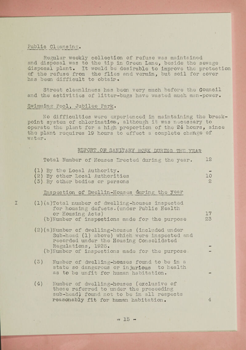 Puplie Cleans in5• Regular weekly collection of refuse was maintained and disposal was to the tip in Green Lane, beside the sewage disposal plant. It would be desirable to improve the protection of the refuse from the flies and vermin, but soil for cover has been difficult to obtain. Street cleanliness has been very much before the Council and the activities of litter-bugs have wasted much man-power. Swimming Pool, Jubilee Park. No difficulties were experienced in maintaining the break¬ point system of chlorination, although it was necessary to operate the plant for a high proportion of the 24 hours, since the plant requires 19 hours to effect a complete change of water. REPORT,OF SANITARY 'WORK DTTRTNG THT: YTT;AR Total Number of Rouses Erected during the year. 12 (1) By the Local Authority. (2) By other Local Authorities 10 (3) By other bodies or persons 2 Inspection of Dwellin-Houses during the year (1) (a)Total number of dwelling-houses inspected for housing defects.(under Public Health or Housing Acts) 17 (b)Number of inspections made for the purpose 23 (2) (a)Number of dwelling-houses (included under Sub-head (1) above) which were inspected and recorded under the Housing Consolidated Regulations, 1925. (b)Number of inspections made for the purpose (3) Number of dwelling-houses found to be in a state so dangerous or injurious to health as to be unfit for human habitation. (4) Number of dwelling-houses (exclusive of those referred to under the preceeding sub-head) found not to be in all respects reasonably fit for human habitation. 4