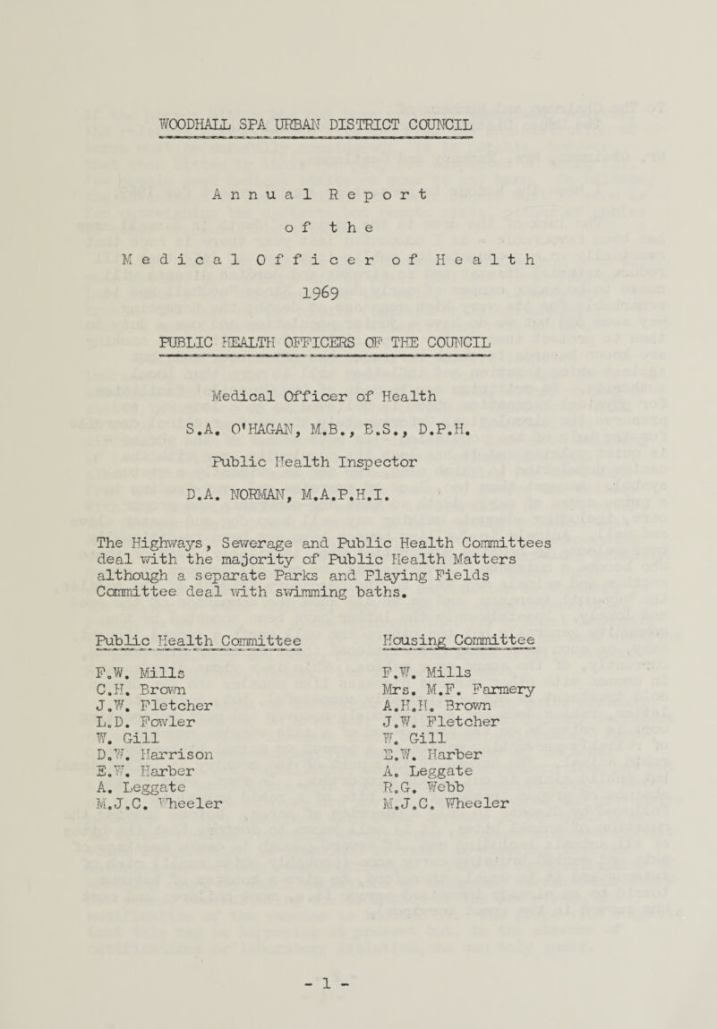 Y/OODHALL SPA UPBAl'T DISTRICT COUNCIL Annual Report of the Medical Officer of Health 1969 PUBLIC YrEALTHi OFFICERS OF THE COIFICIL Medical Officer of Health S.A. O’FJIGAN, M.B., B.S,, D.P.H. Public Health Inspector D.A. wmm, M.A.P.H.I. The Highvmys, Sev/erage and Public Health Committees deal v/ith the majority of Public Health Matters although a separate Parks and Playing Fields Conmittee deal v/ith svdmming baths. Pi^jdy: Health Commij^ee Housing Committee F.W. Mills C.PT. Brovm J,Y/, Fletcher L. D. Foivler lY. Gill DoYi', Harrison E.F, Harber A, Leggate M. JoC, ■'Tieeler F.W. Mills Mrs. M.F, Farmery A.H.H. Brovm J.W. Fletcher W. Gill E.¥, Harber A, Leggate R.G. Webb M.J.C. fTheeler